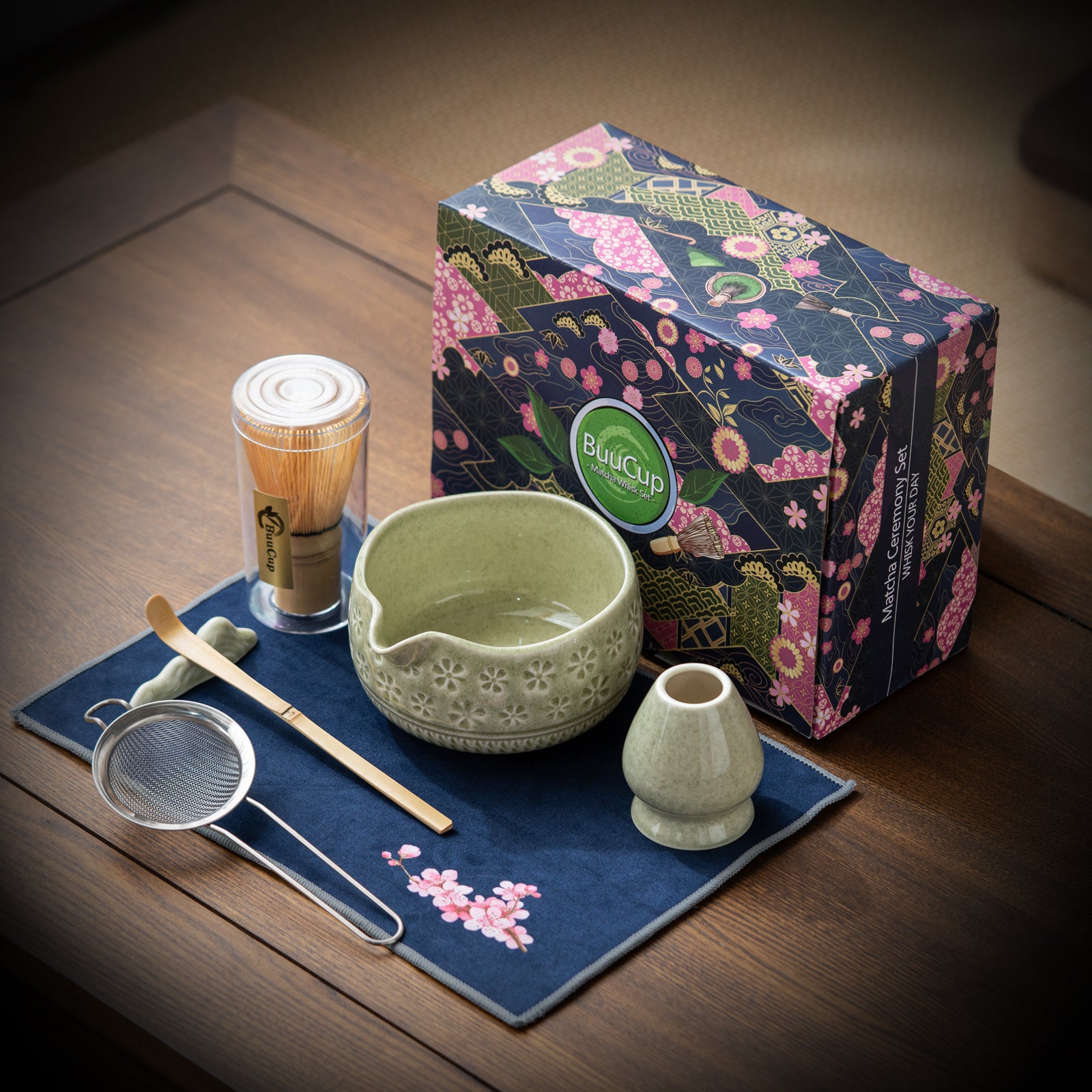Mottled Green Cherry Blossoms Matcha Whisk Set
