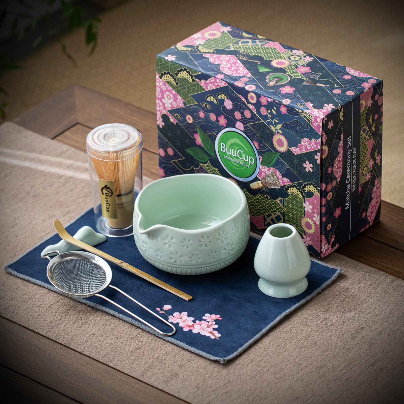 Bol Matcha Céramique 7-pièces Matcha Set, 580ml Matcha Bol, Matcha Fouet,Matcha Porte-Fouet,Matcha Cuillère, Matcha Whisk Set Kit Matcha