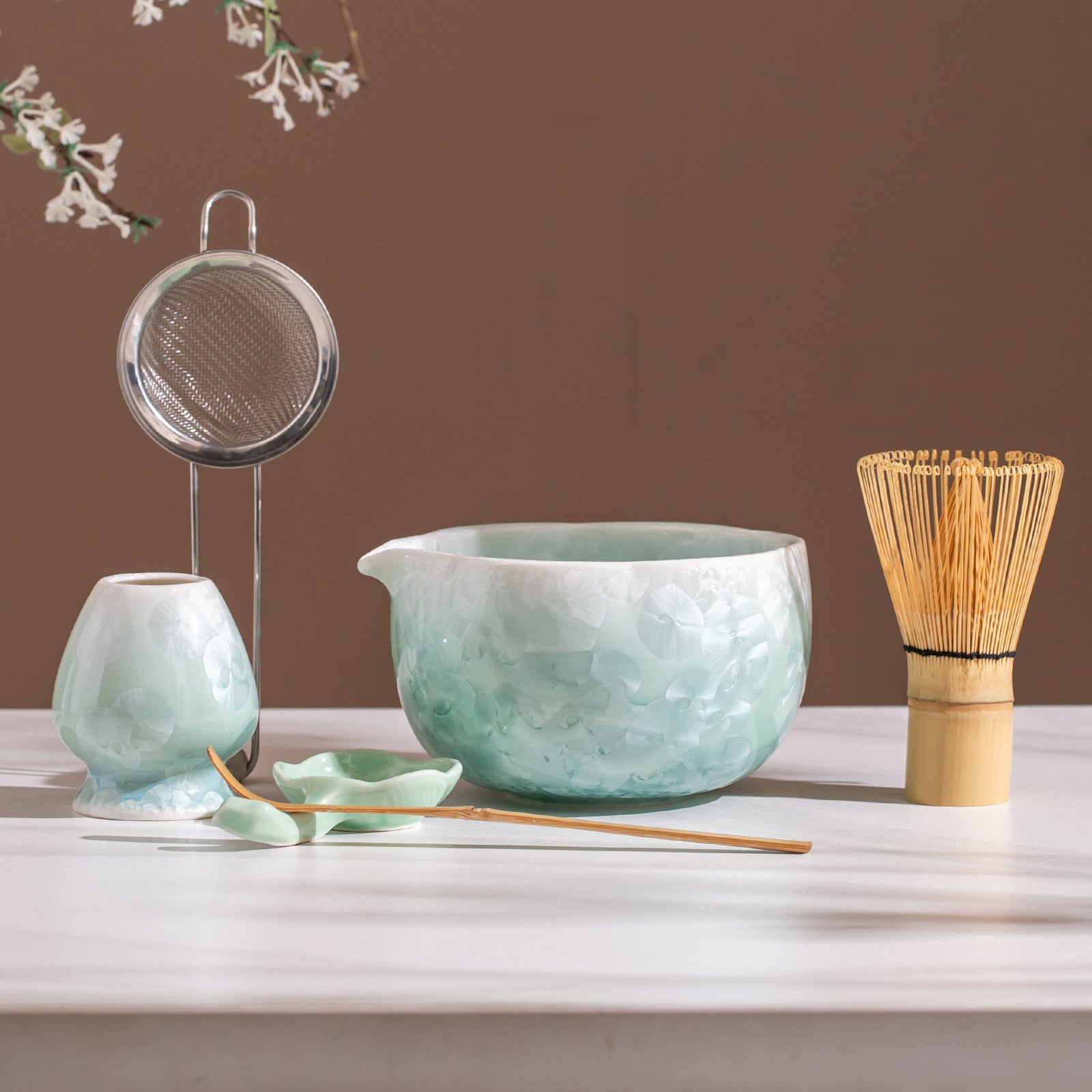 Matcha Bowl Set - Mint Green Crystalline Glaze:Matcha Whisk Set Included for Traditional Ceremony