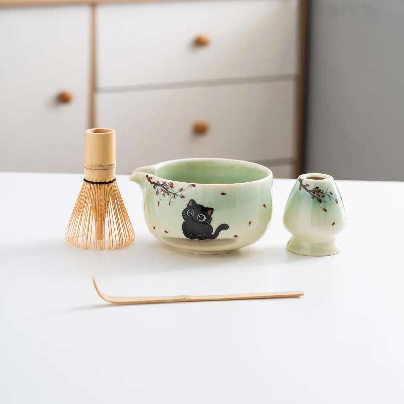 Hand-painted Cat Matcha Bowl Set with Bamboo Whisk and Chasen Holder Ceramic Gradient Green Matcha Whisk Set