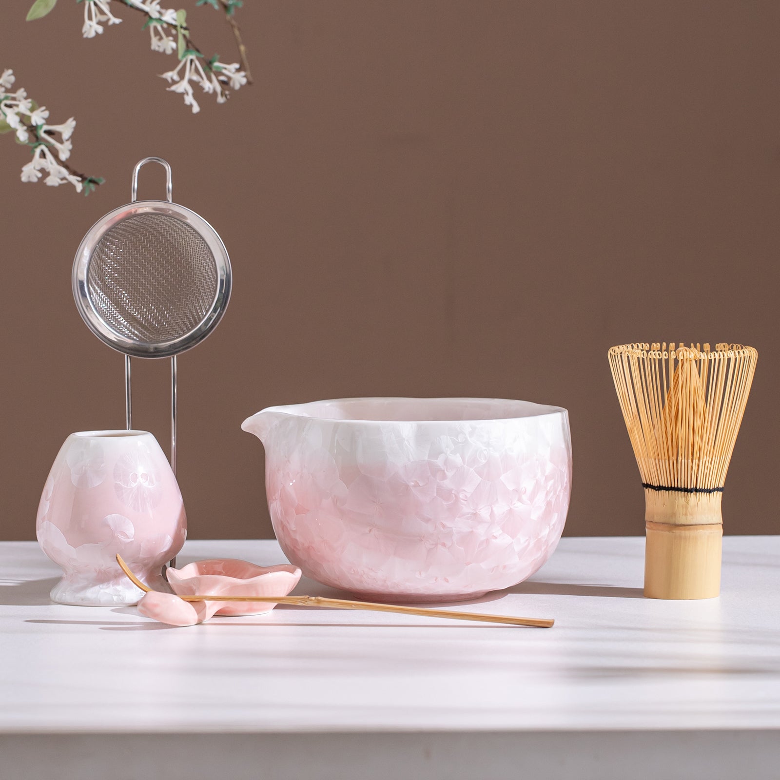 Matcha Bowl Set - Pink Crystalline Glaze Design:Complete Matcha Kit for Elegant Ceremony