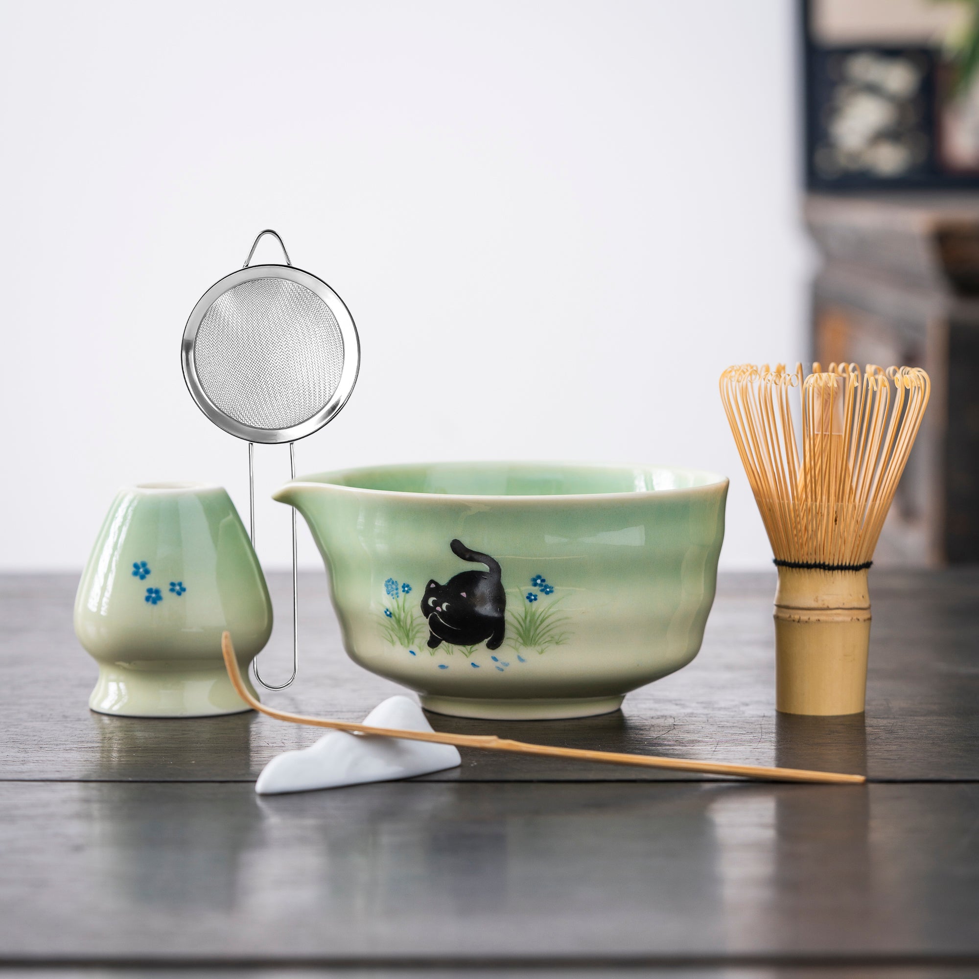 Artisan Hand - Painted Matcha Set with Cat Motif