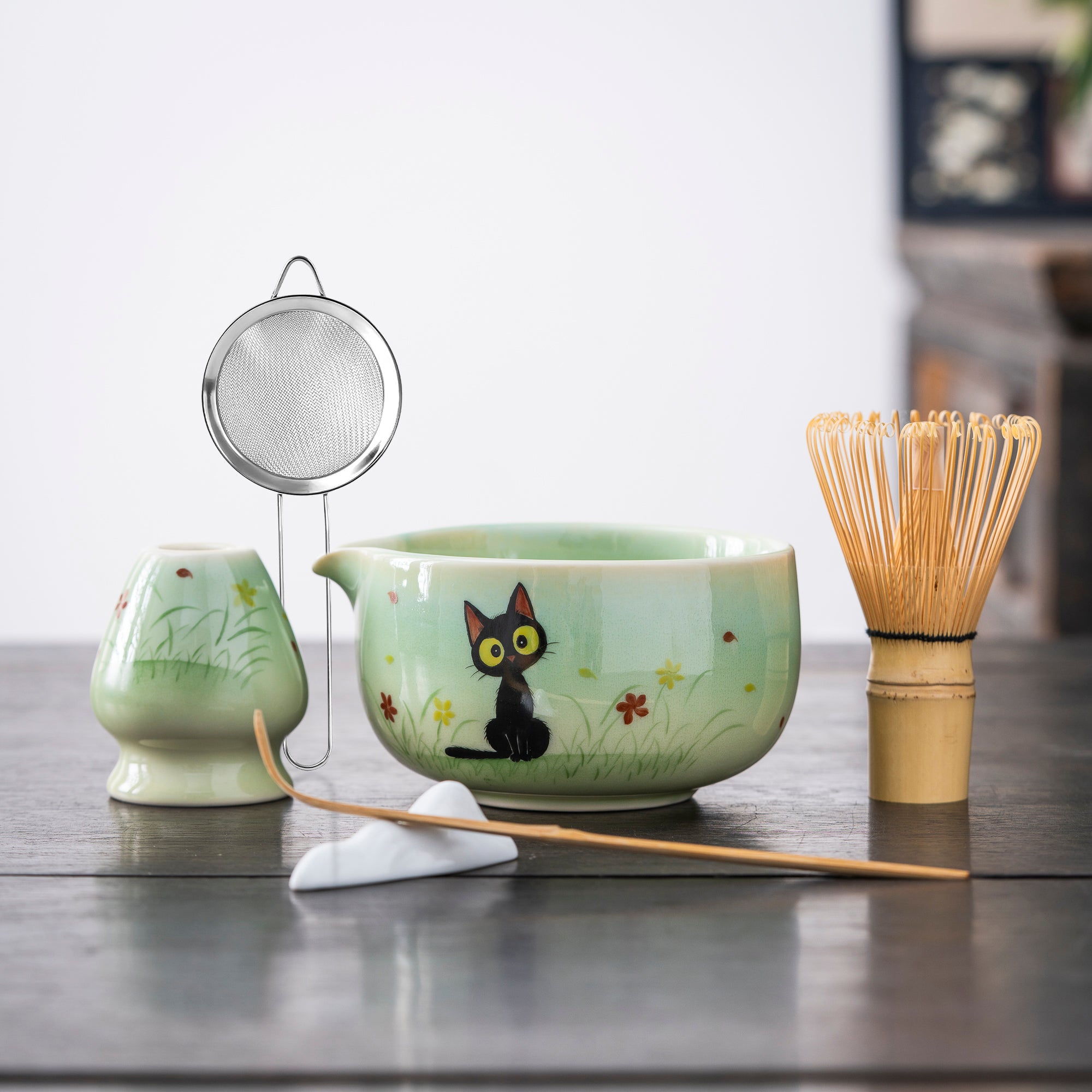Adorable hand-drawn black cat Matcha Whisk Set