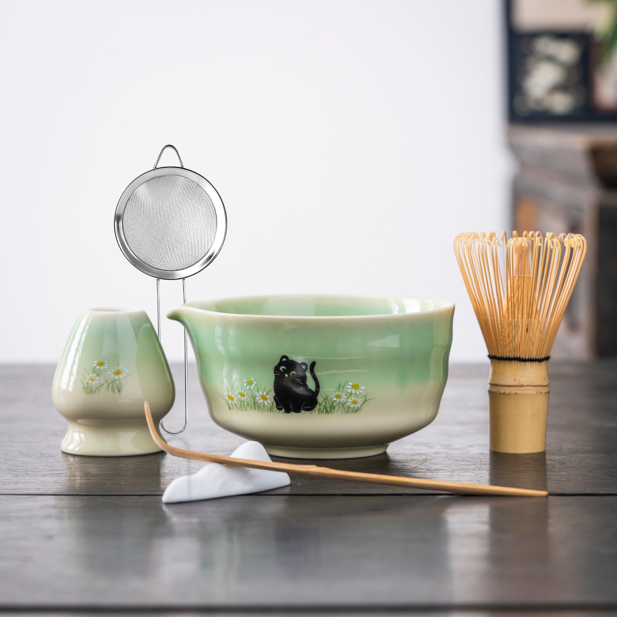 Hand-painted Black Cat & Daisy Matcha Set