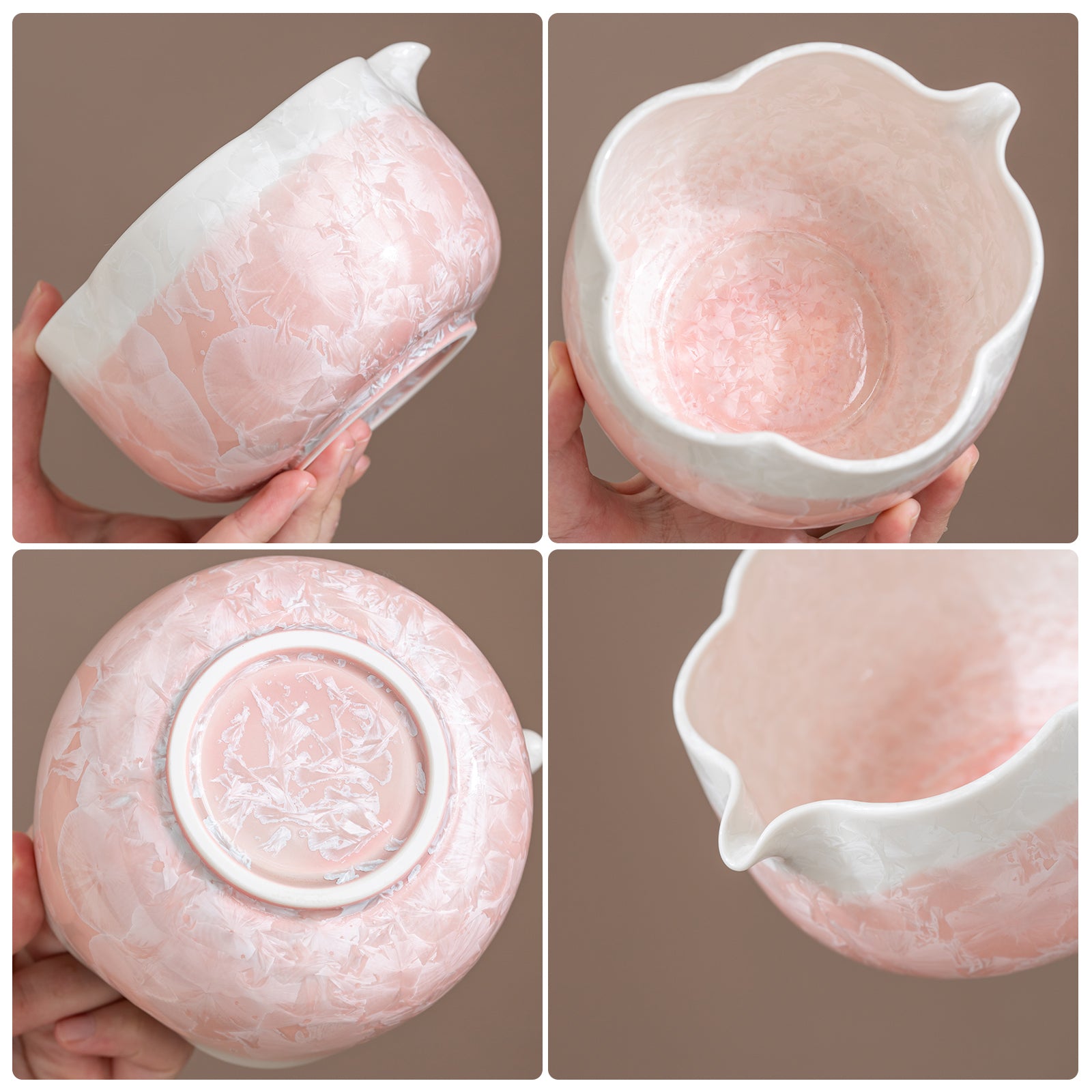 Pink Petal Edge Crystalline Glaze Matcha Bowl Set with Bamboo Whisk