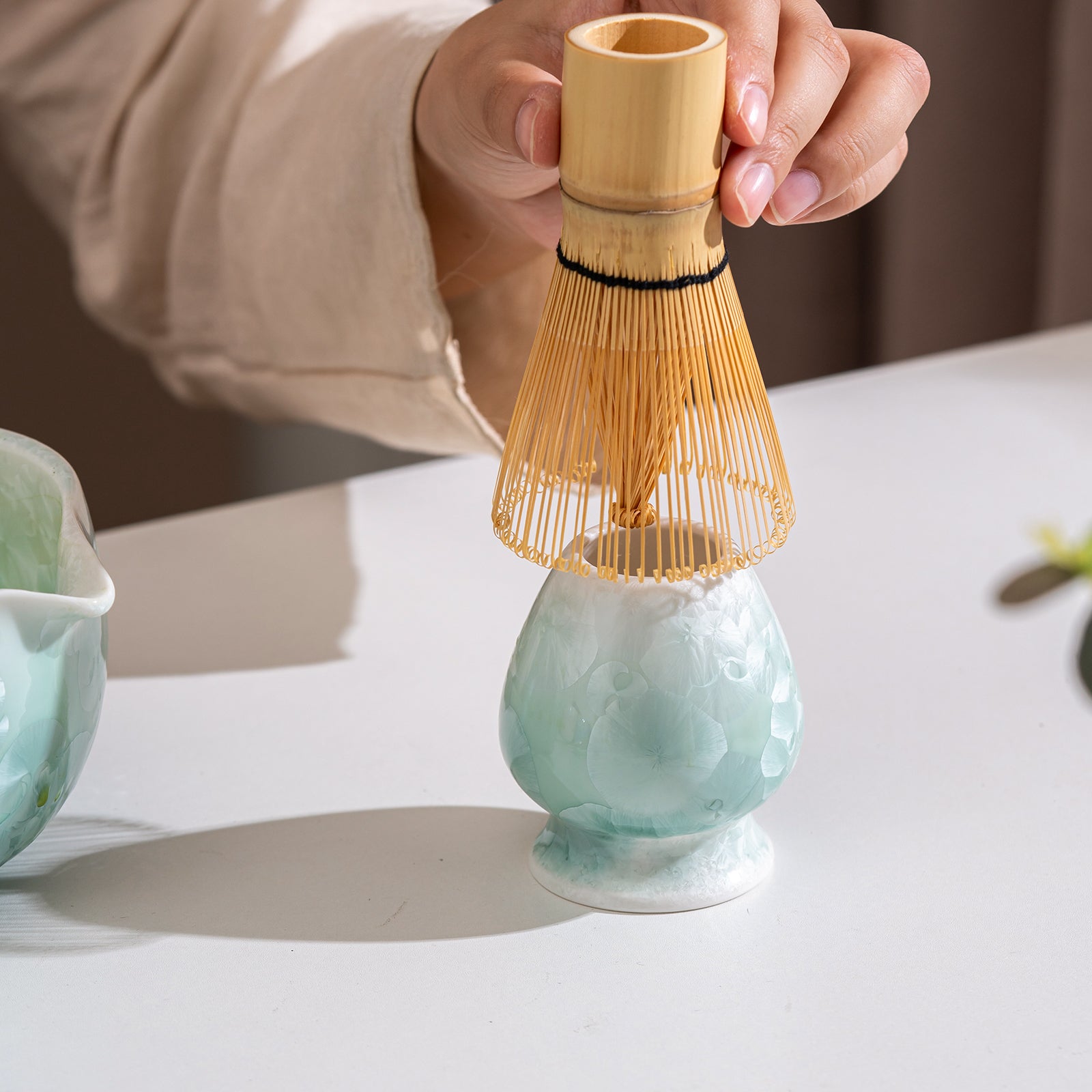 Matcha Bowl Set - Mint Green Crystalline Glaze:Matcha Whisk Set Included for Traditional Ceremony