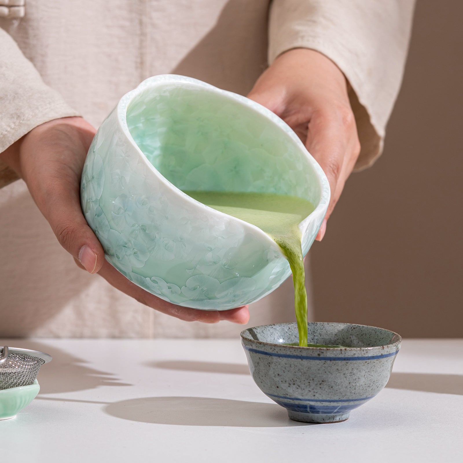 Matcha Bowl Set - Mint Green Crystalline Glaze:Matcha Whisk Set Included for Traditional Ceremony