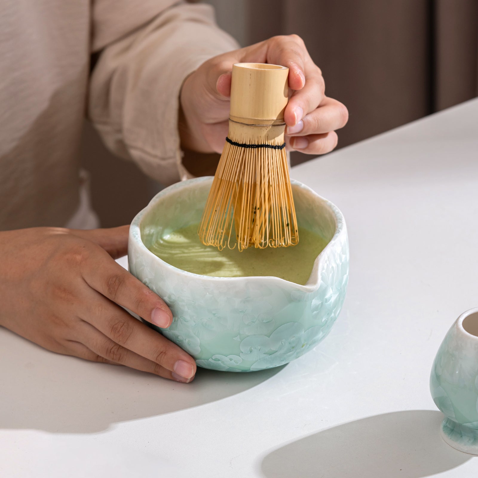 Matcha Bowl Set - Mint Green Crystalline Glaze:Matcha Whisk Set Included for Traditional Ceremony