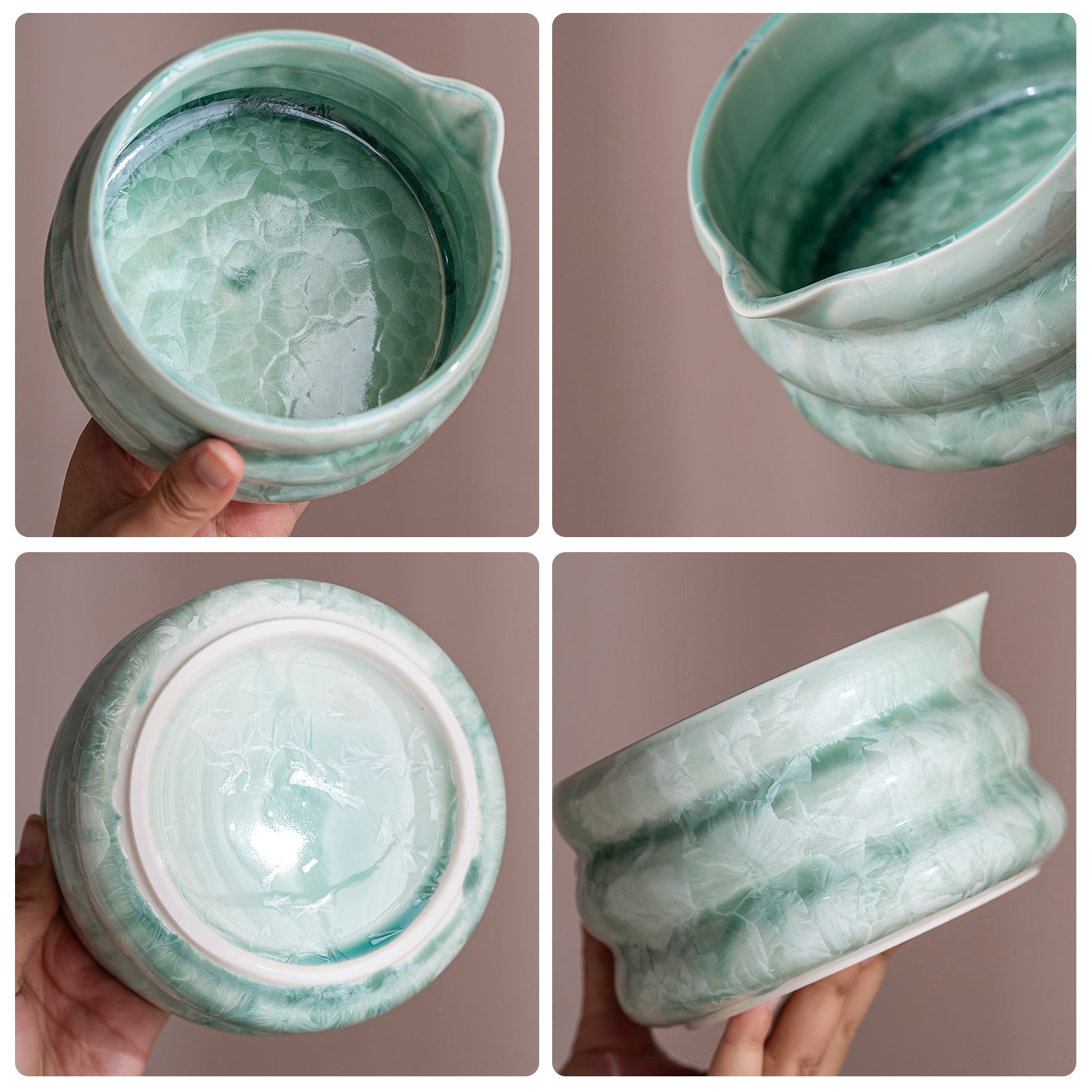 Green Crystalline Glaze Matcha Bowl Set with Whisk Strainer