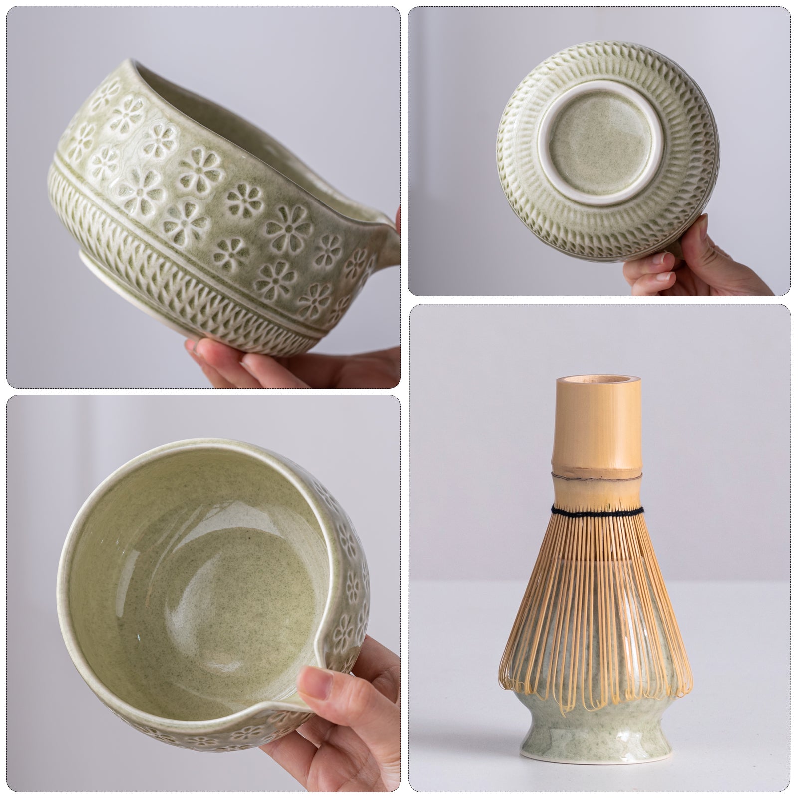 Mottled Green Cherry Blossoms Matcha Whisk Set