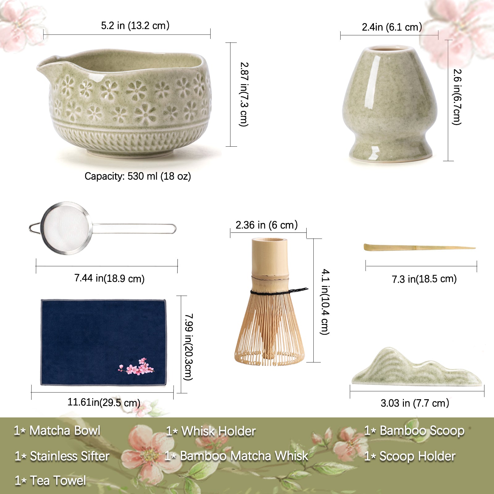 Mottled Green Cherry Blossoms Matcha Whisk Set