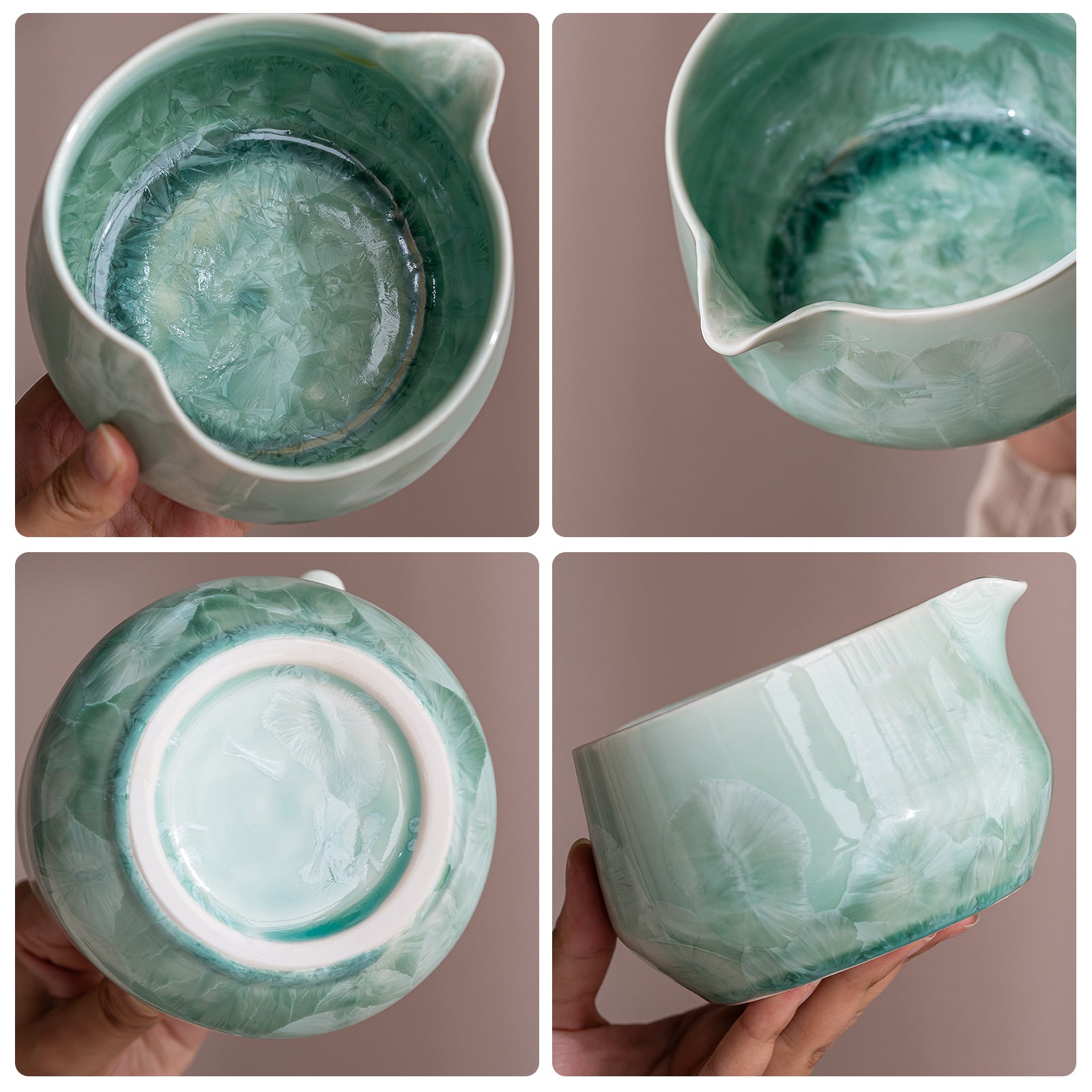 Green Crystalline Glaze Heart Shaped Matcha Bowl Set