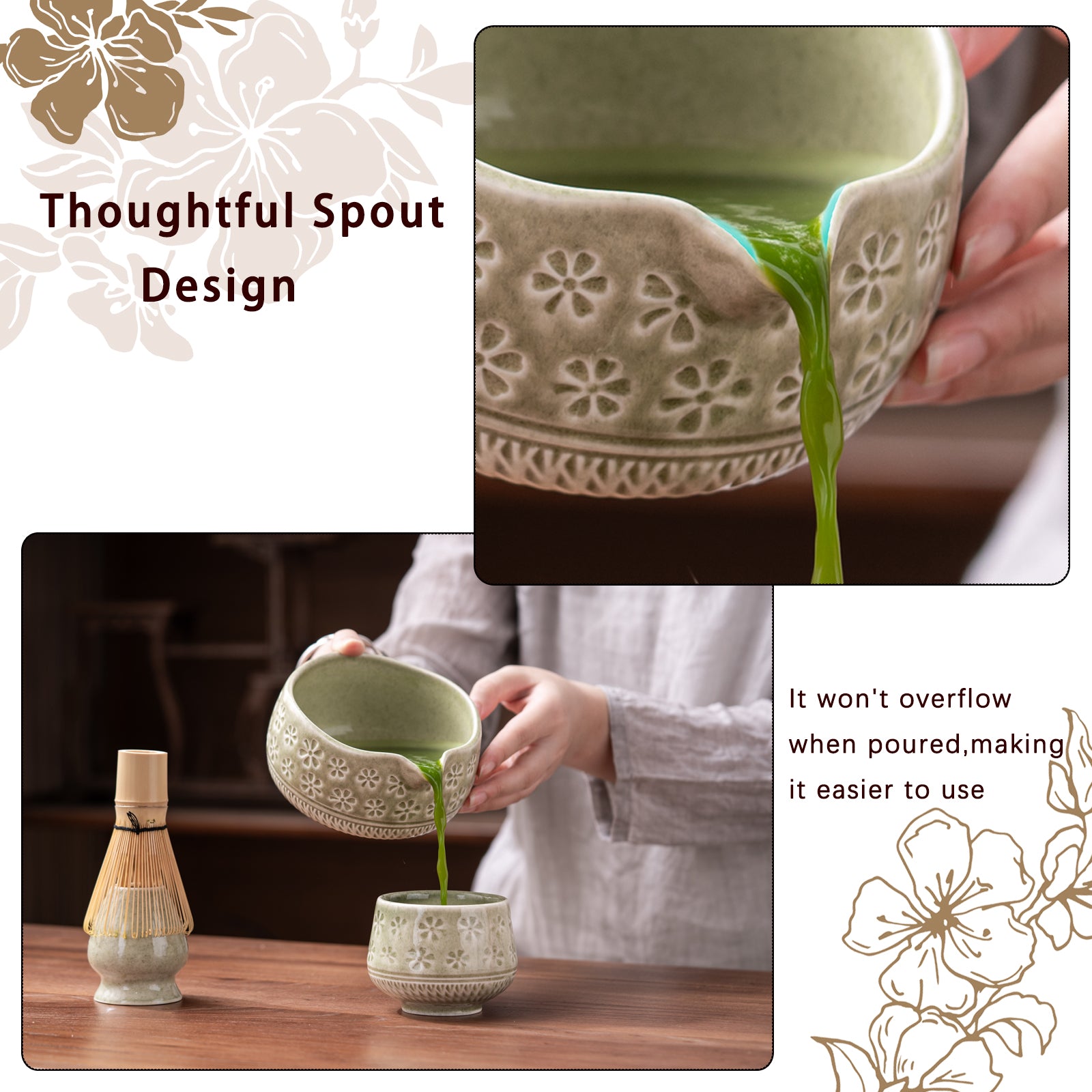 Mottled Green Cherry Blossoms Matcha Whisk Set