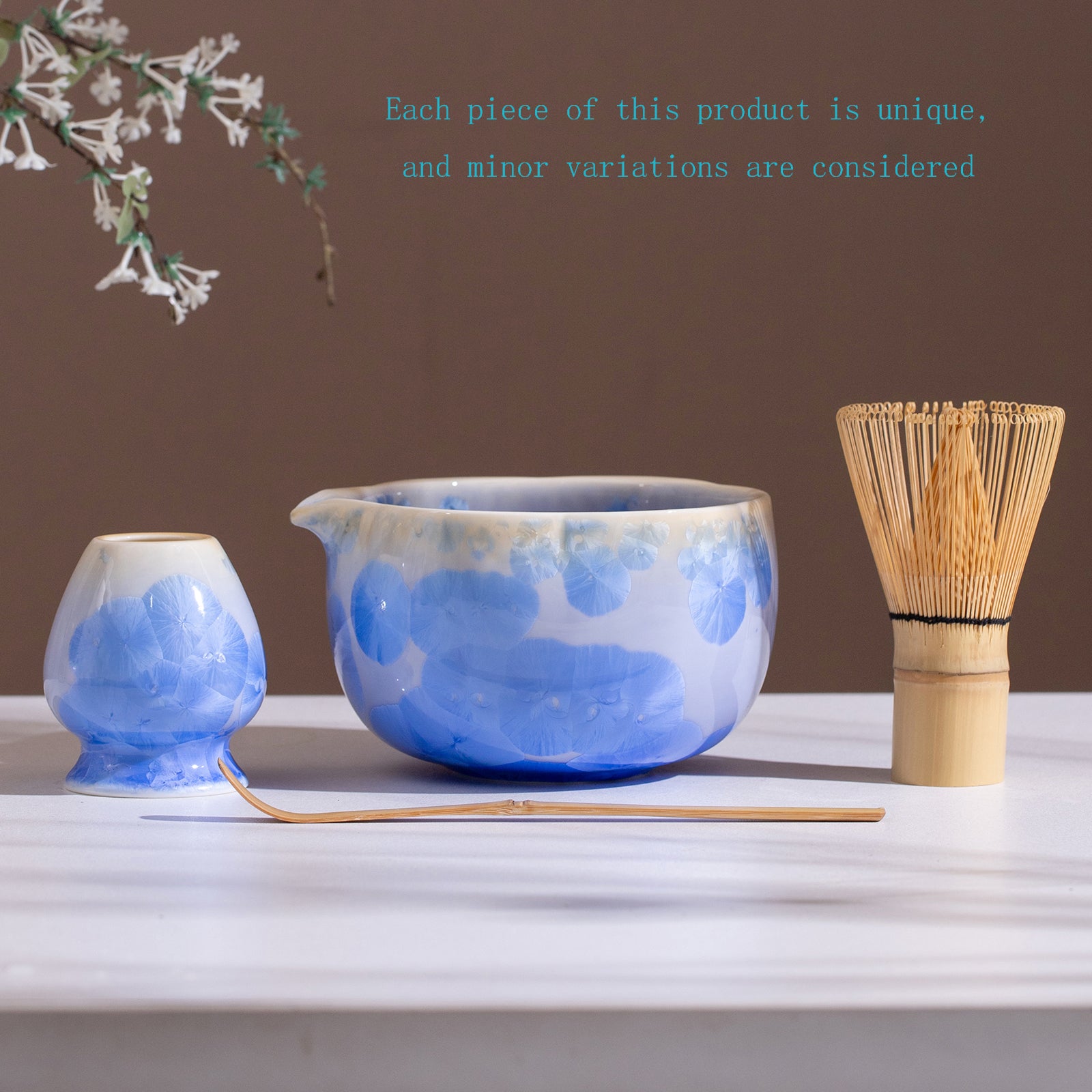 Matcha Bowl Set - Crystalline Glaze Blue Floral Design： Complete Matcha Kit for Traditional Ceremony