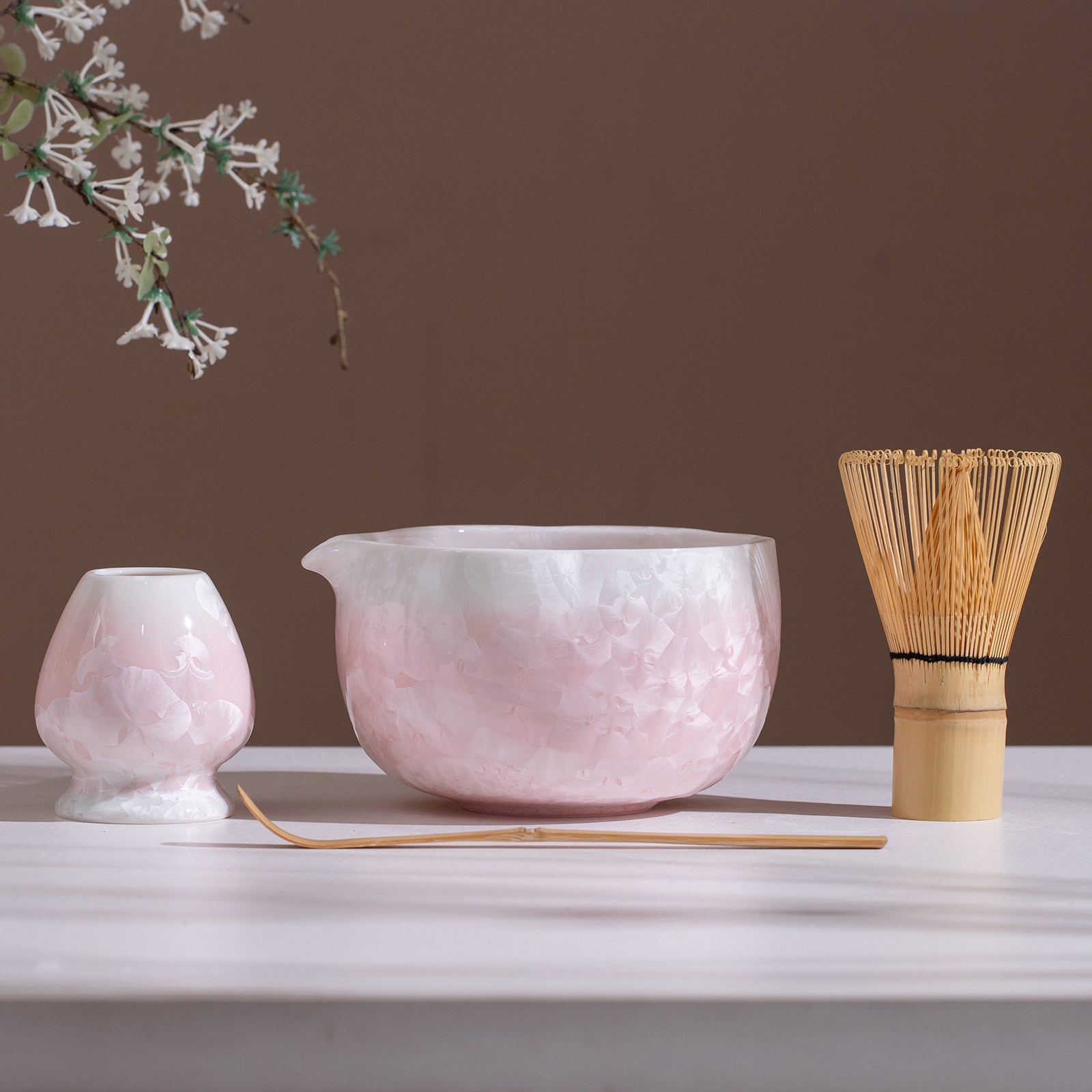Matcha Bowl Set - Pink Crystalline Glaze Design:Complete Matcha Kit for Elegant Ceremony