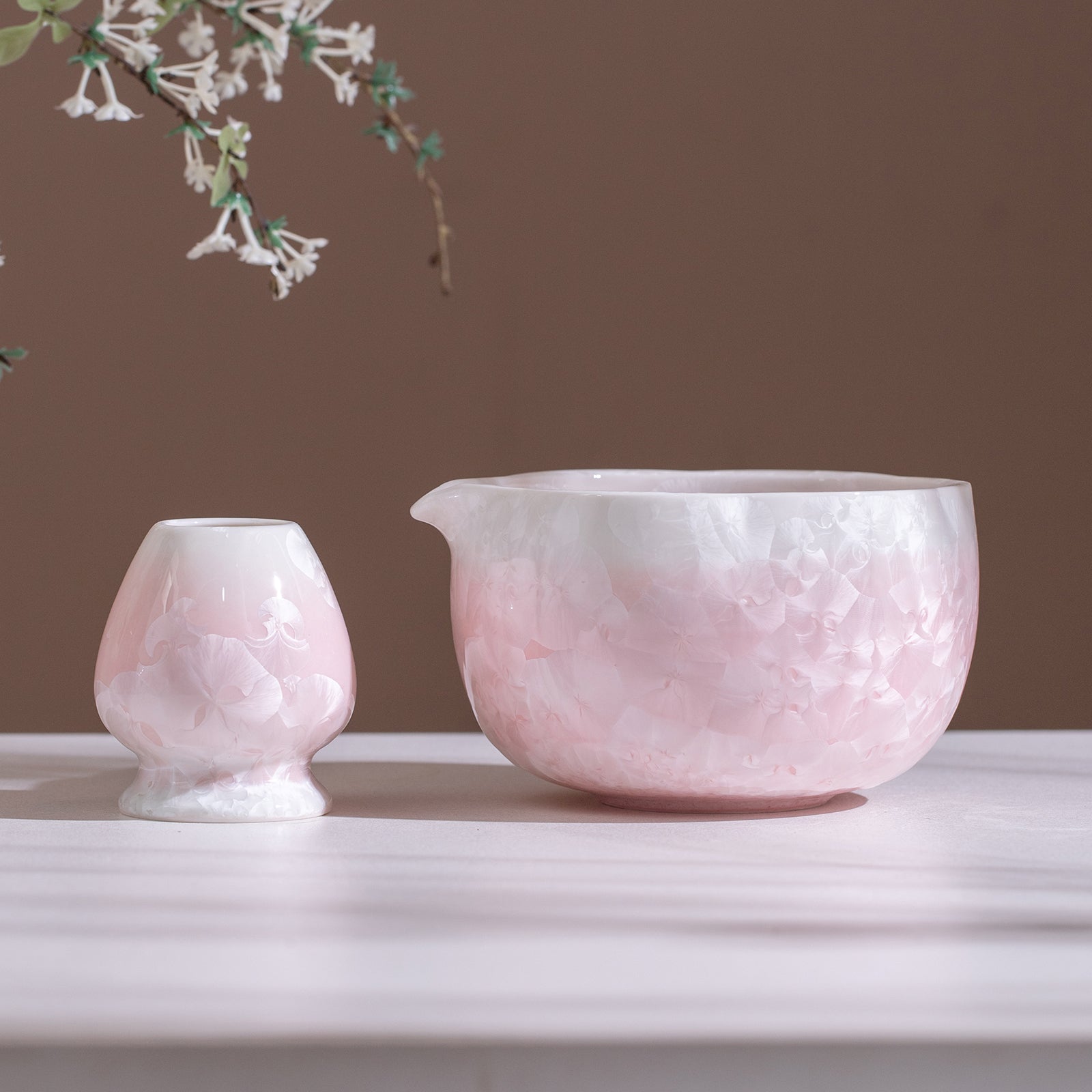Matcha Bowl Set - Pink Crystalline Glaze Design:Complete Matcha Kit for Elegant Ceremony