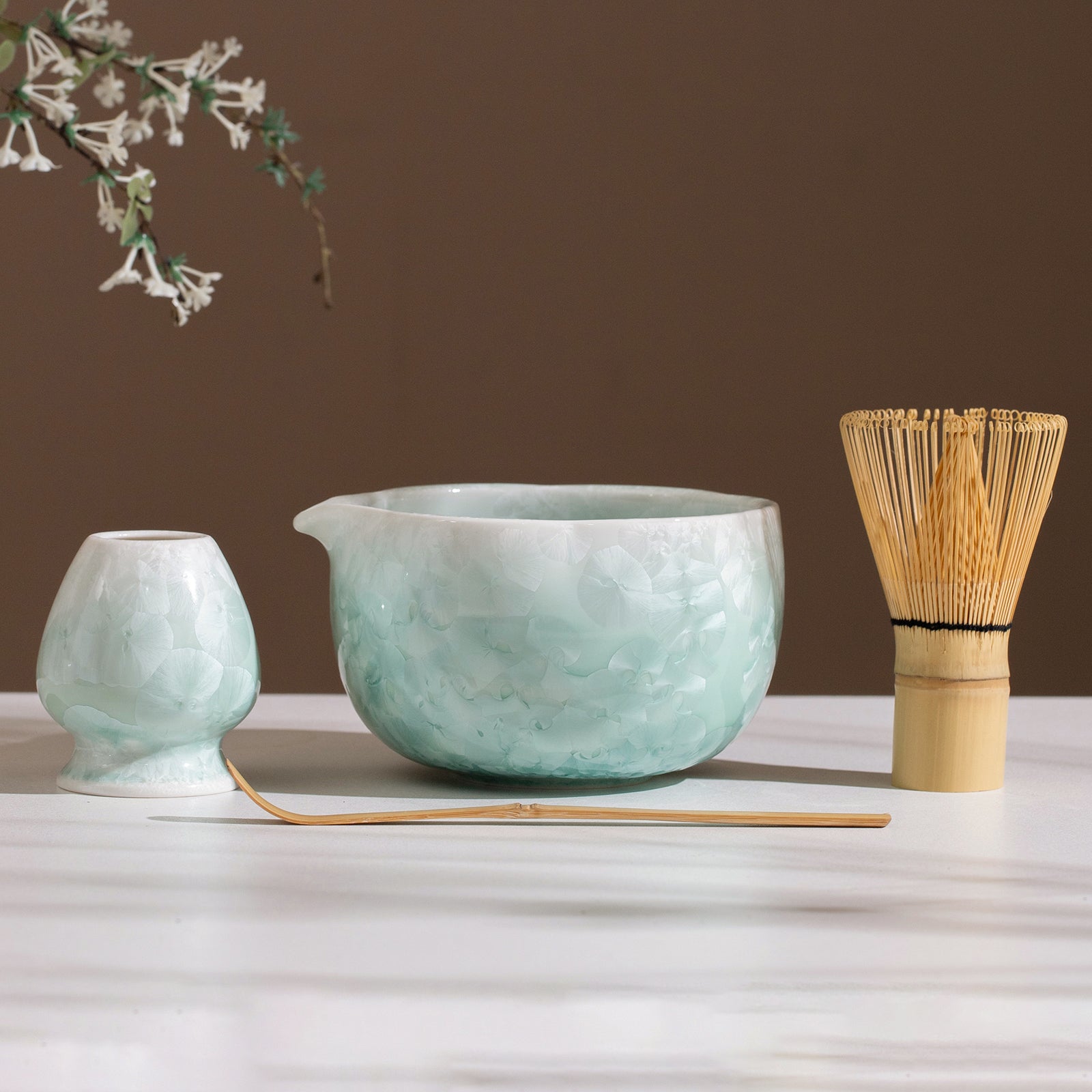 Matcha Bowl Set - Mint Green Crystalline Glaze:Matcha Whisk Set Included for Traditional Ceremony