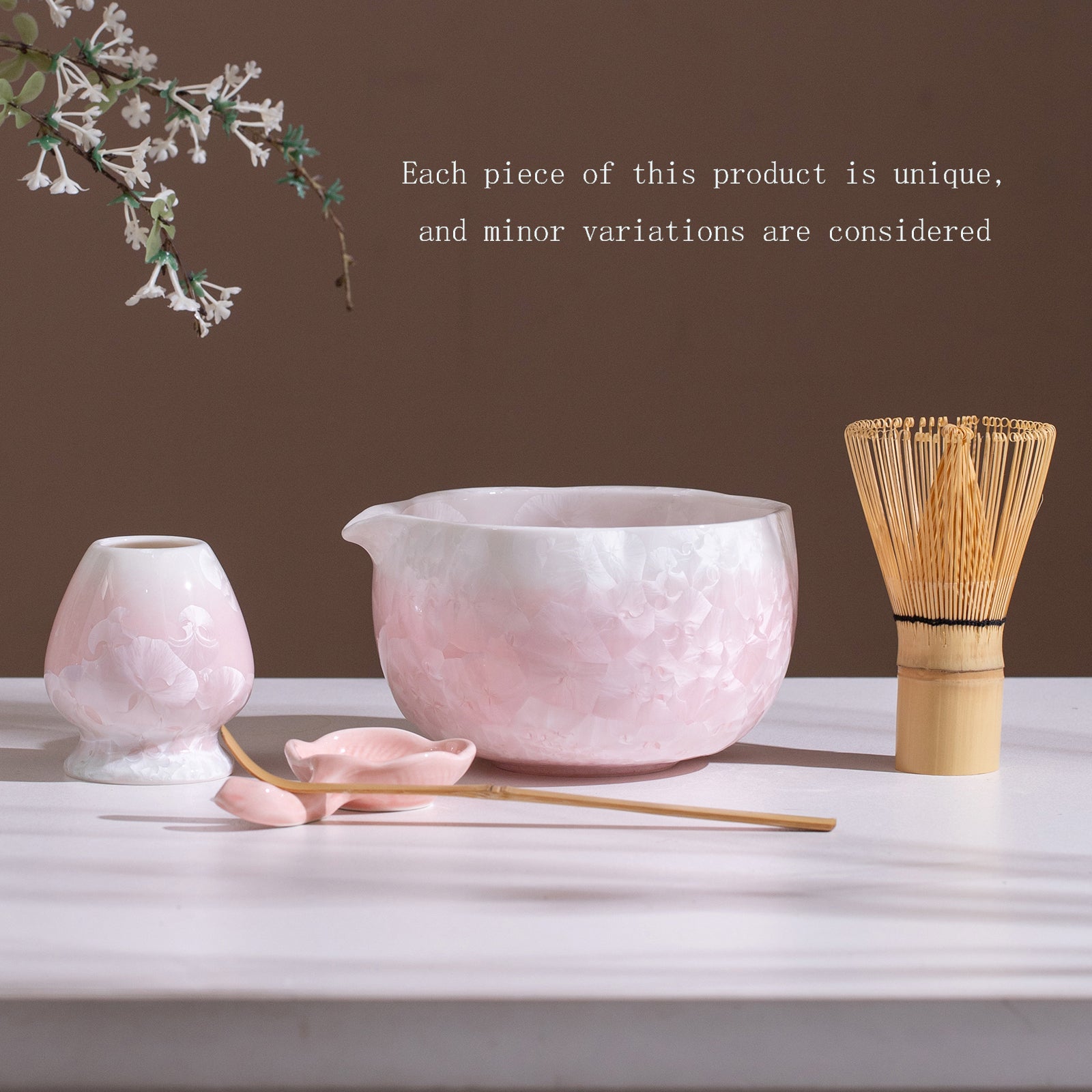 Matcha Bowl Set - Pink Crystalline Glaze Design:Complete Matcha Kit for Elegant Ceremony