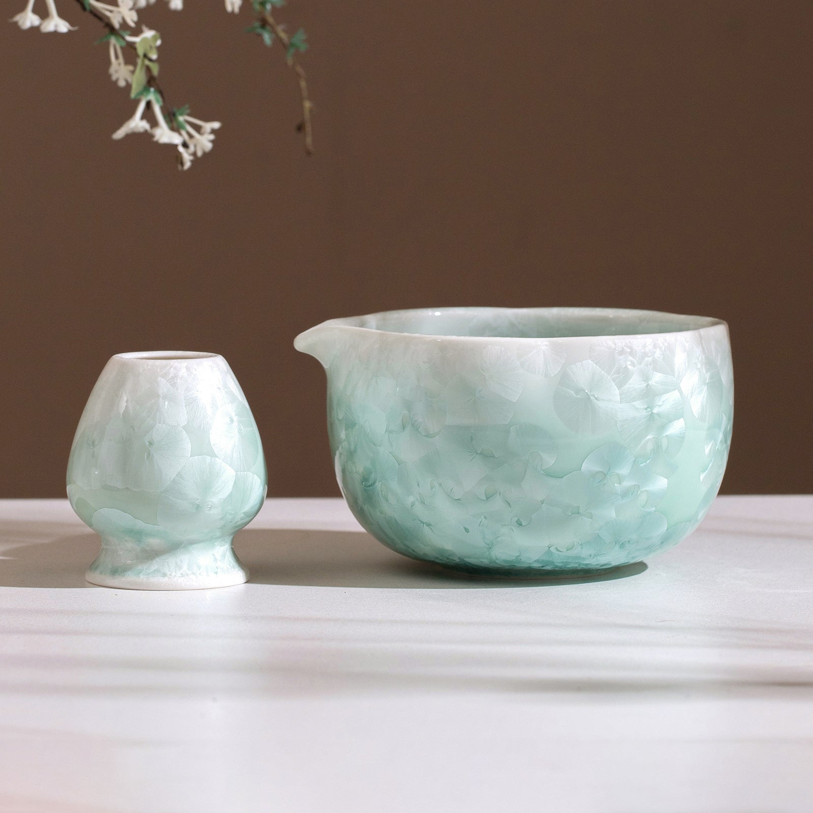 Matcha Bowl Set - Mint Green Crystalline Glaze:Matcha Whisk Set Included for Traditional Ceremony