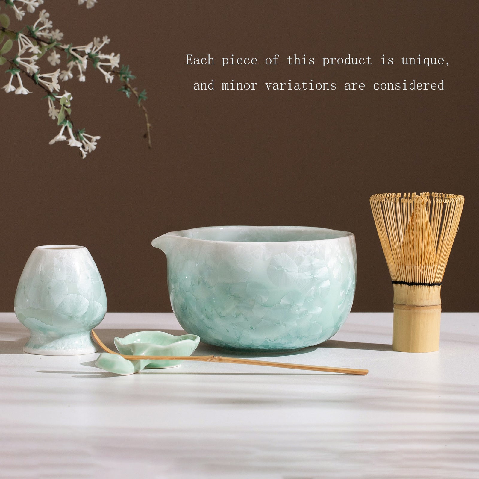 Matcha Bowl Set - Mint Green Crystalline Glaze:Matcha Whisk Set Included for Traditional Ceremony