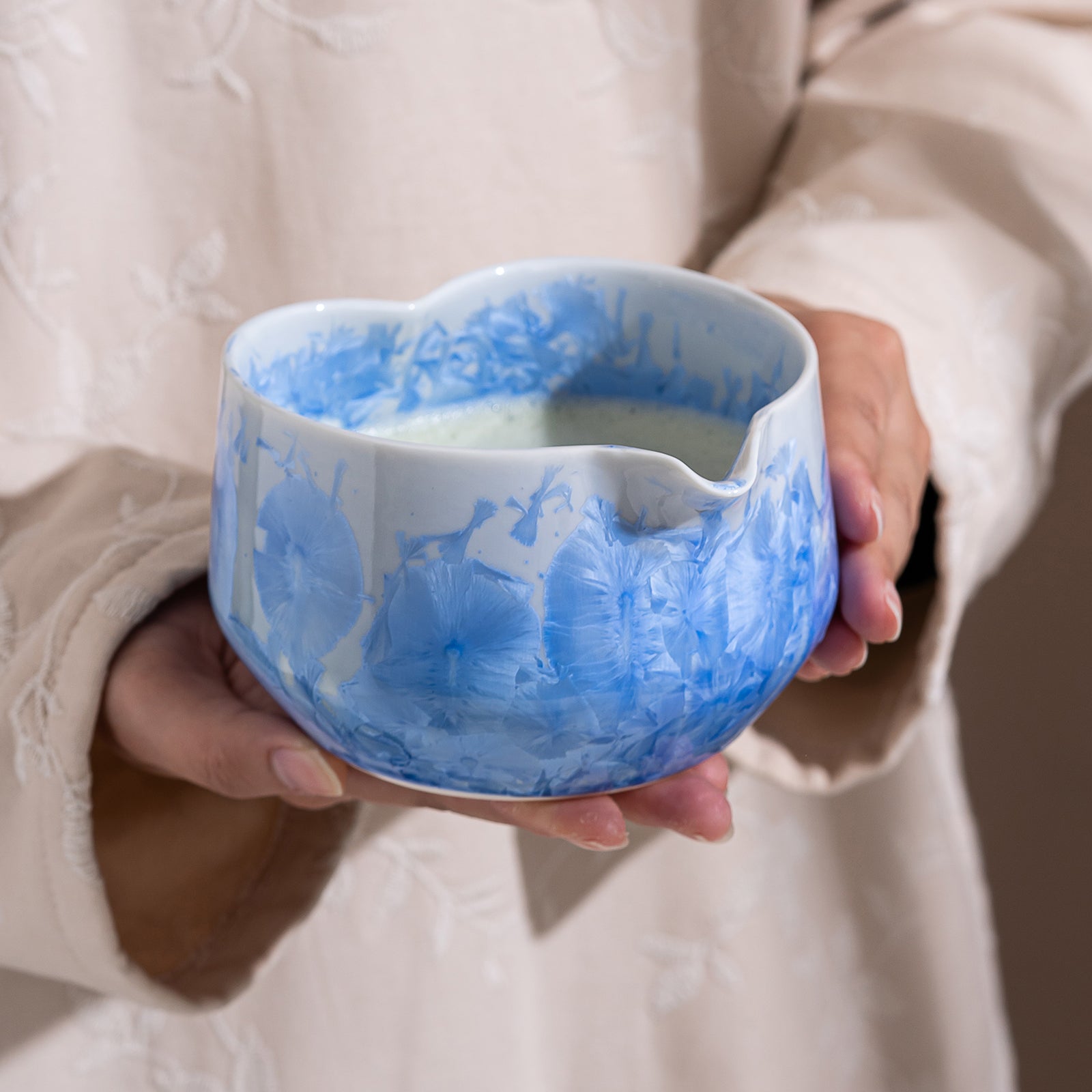 Blue Crystalline Glaze Heart Shaped Matcha Bowl Set