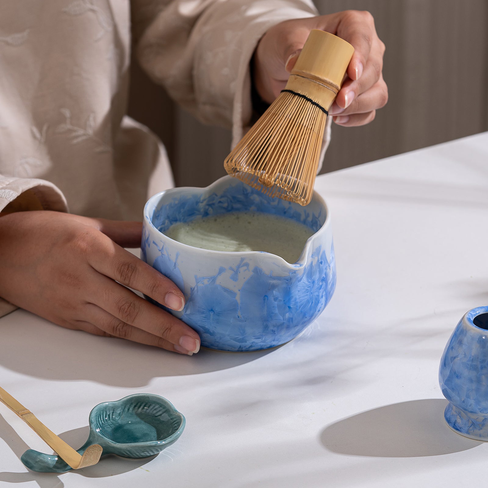 Blue Crystalline Glaze Heart Shaped Matcha Bowl Set