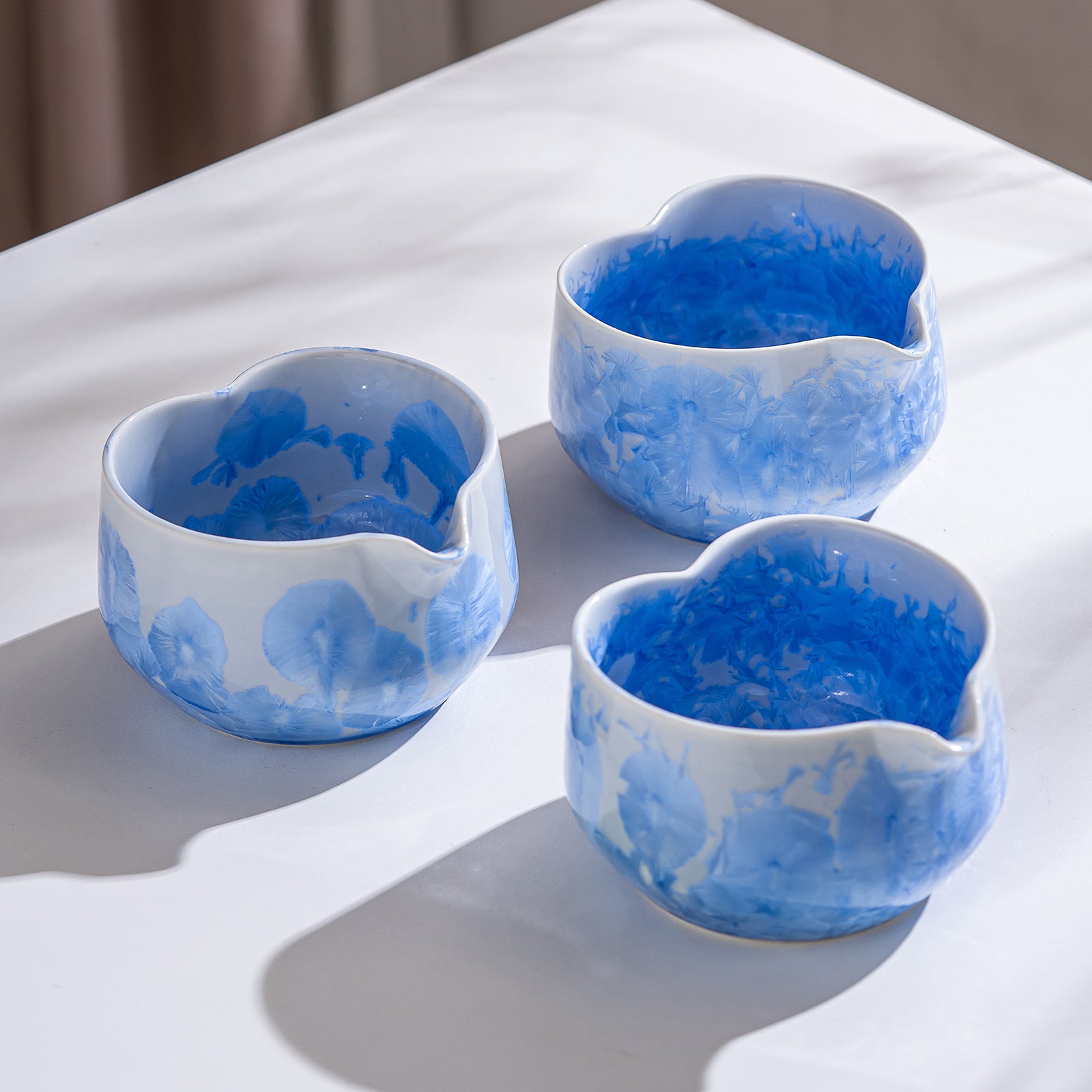 Blue Crystalline Glaze Heart Shaped Matcha Bowl Set