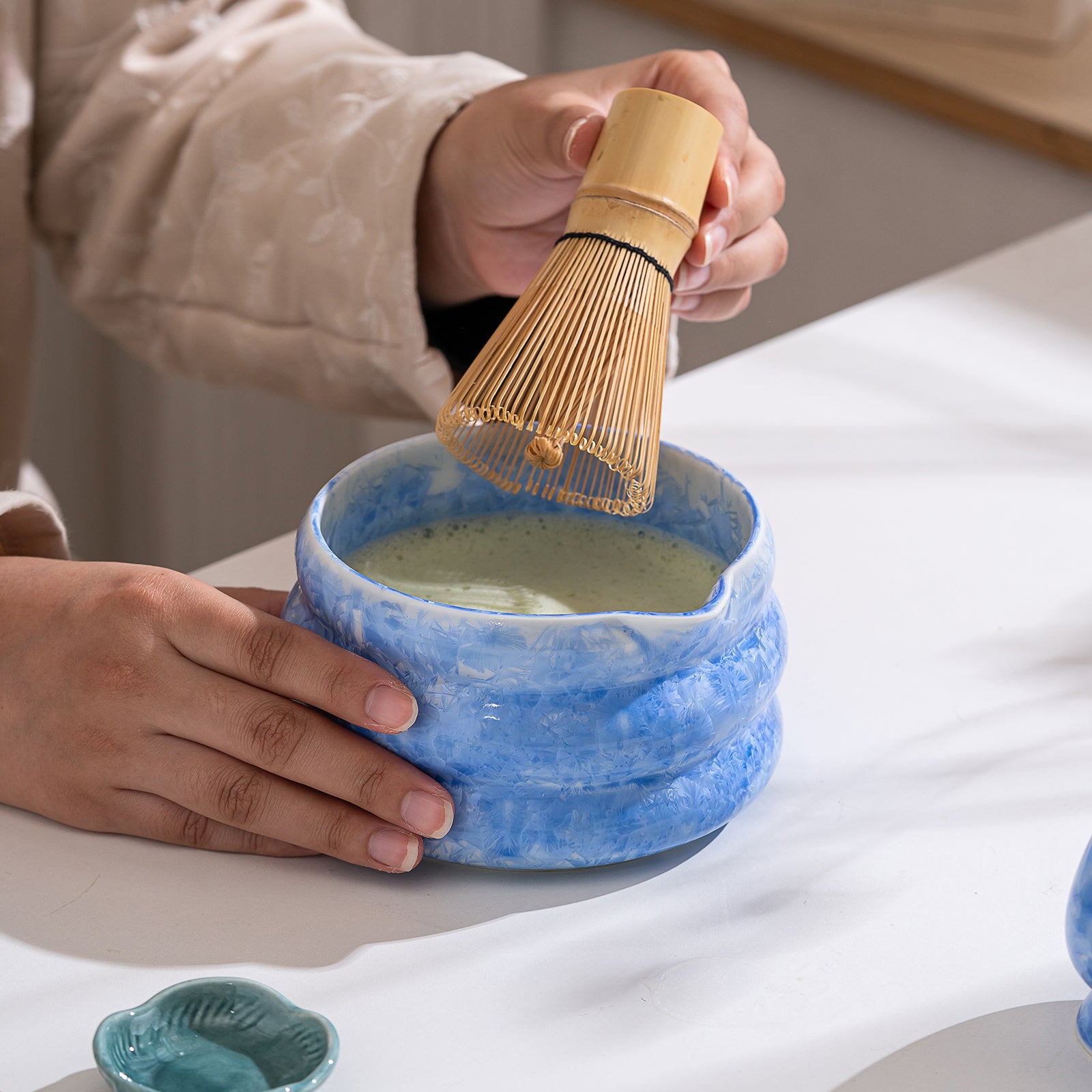 Mint Blue Crystalline Glaze Matcha Bowl Set