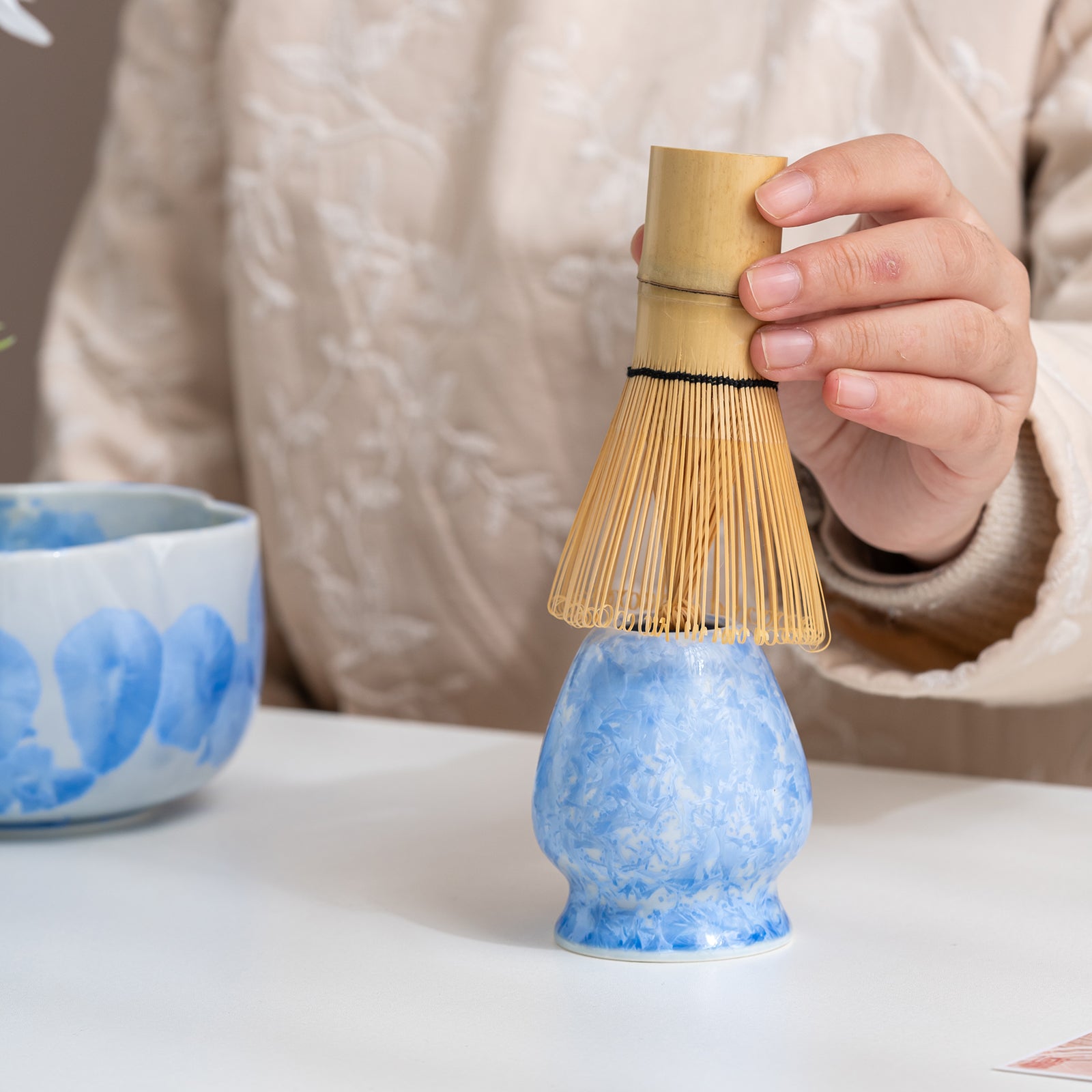 Crystalline Glaze Blue Ceramic Matcha Set with Bamboo Whisk & Sieve