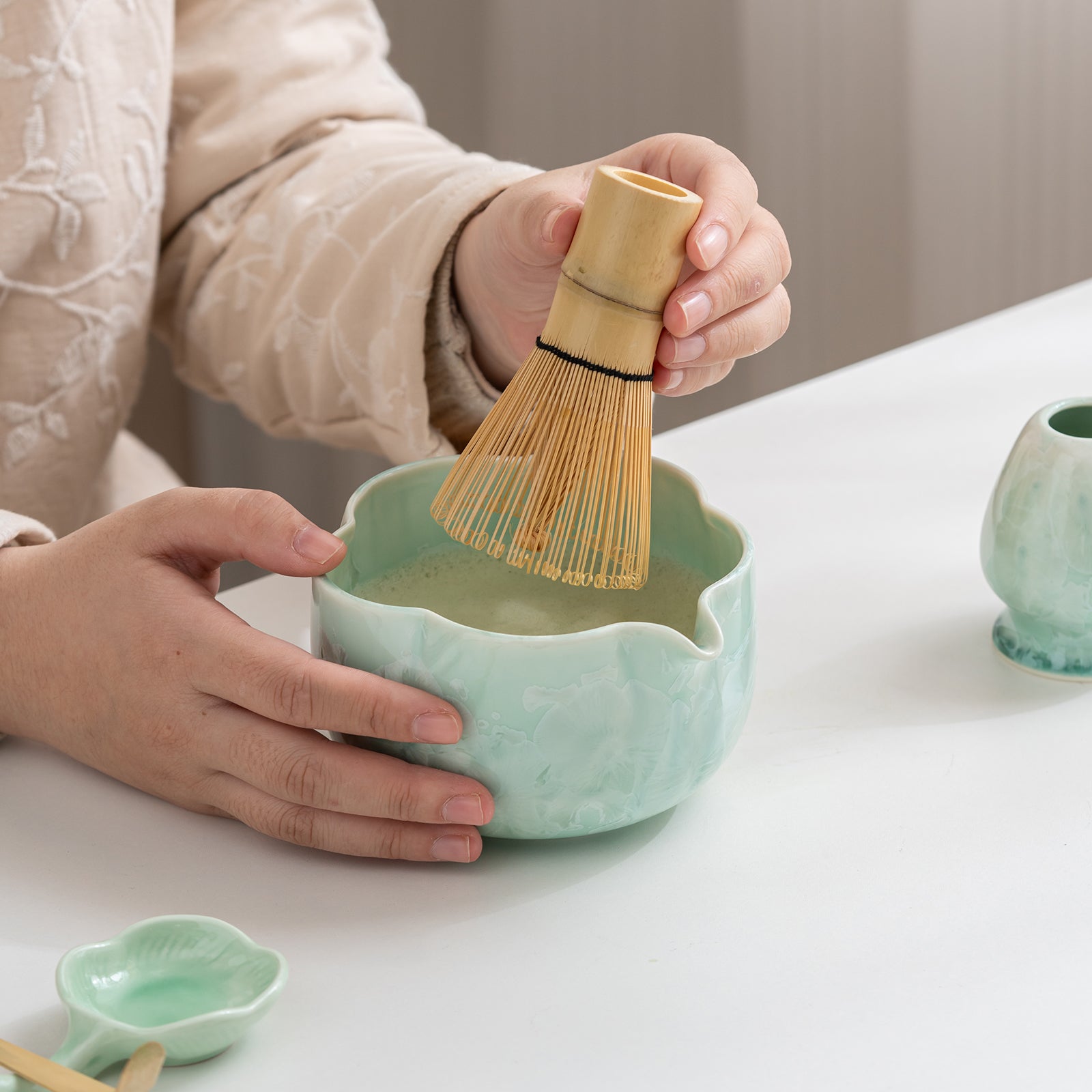 Green Petal Edge Crystalline Glaze Matcha Set with Bamboo Whisk
