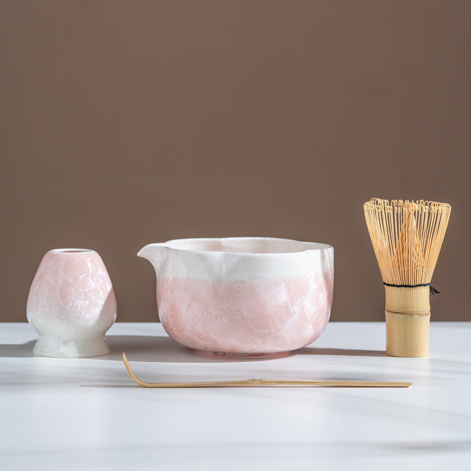 Pink Petal Edge Crystalline Glaze Matcha Bowl Set with Bamboo Whisk