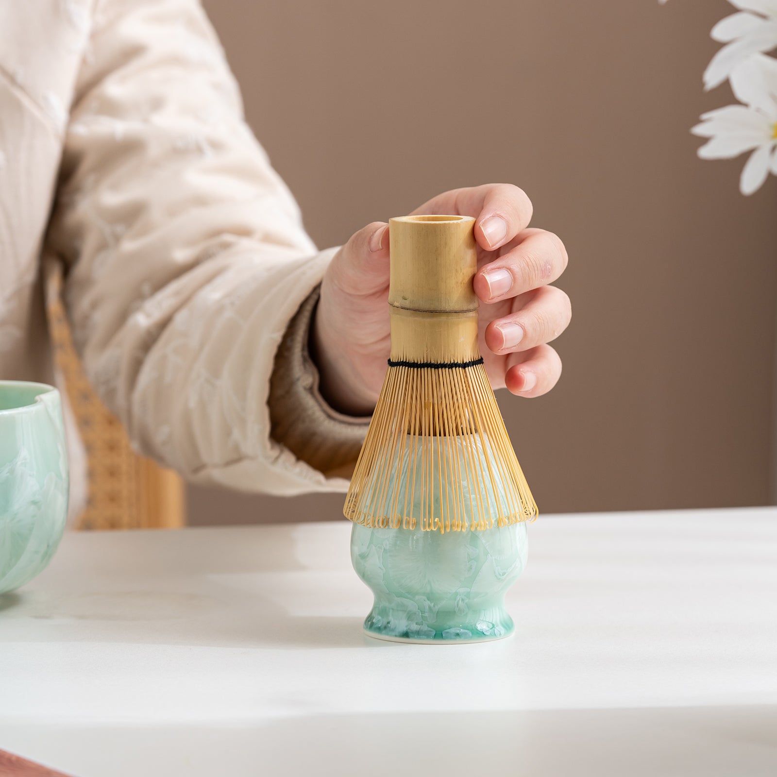 Green Petal Edge Crystalline Glaze Matcha Set with Bamboo Whisk