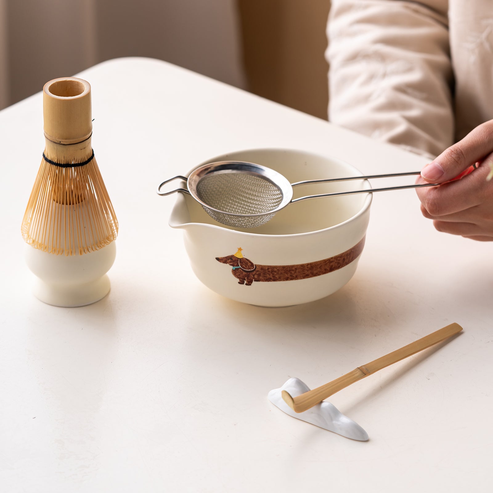 Matcha Bowl Set Dachshund Japanese Tea Set with Whisk Strainer and Scoop Gift for Dog and Tea Lovers