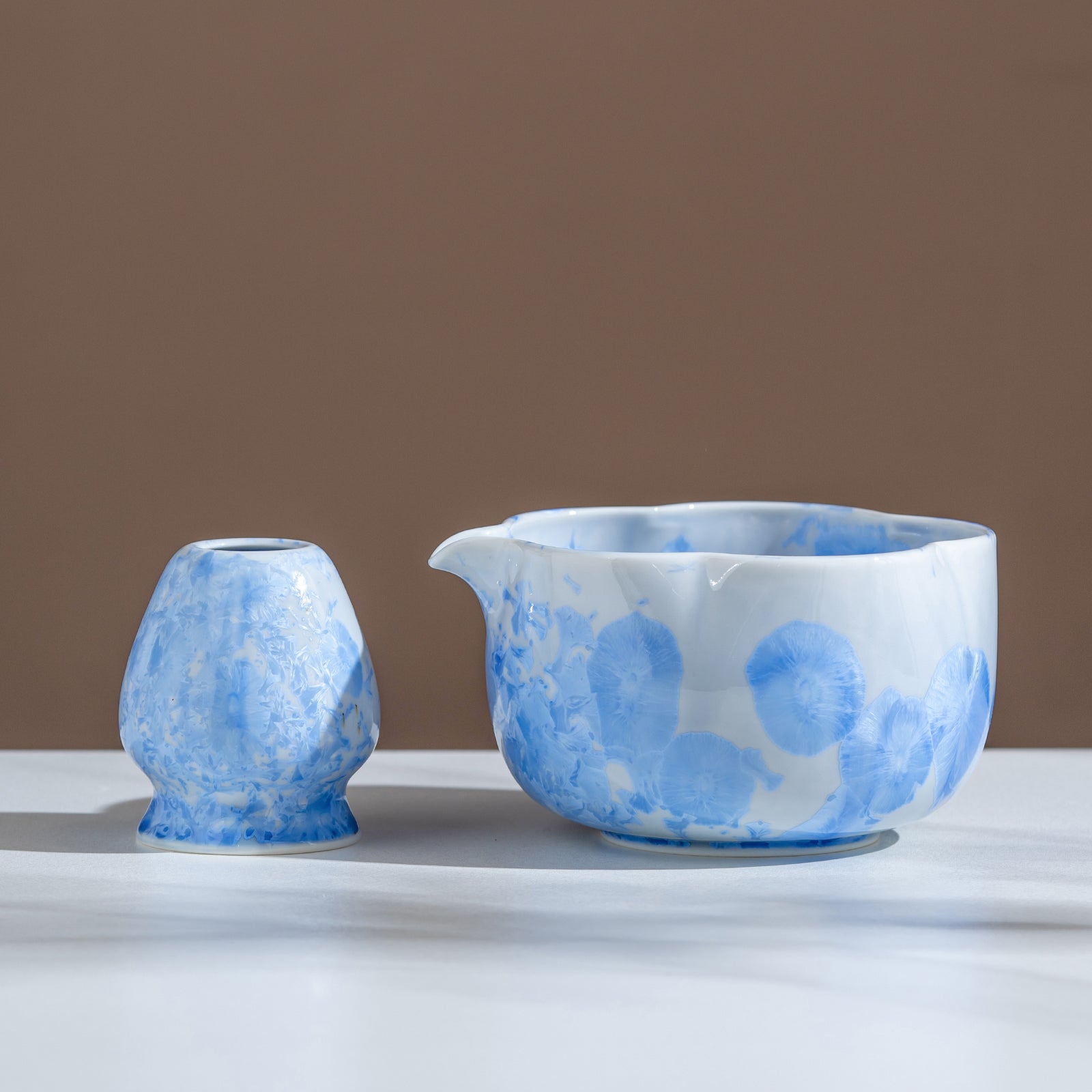 Crystalline Glaze Blue Ceramic Matcha Set with Bamboo Whisk & Sieve