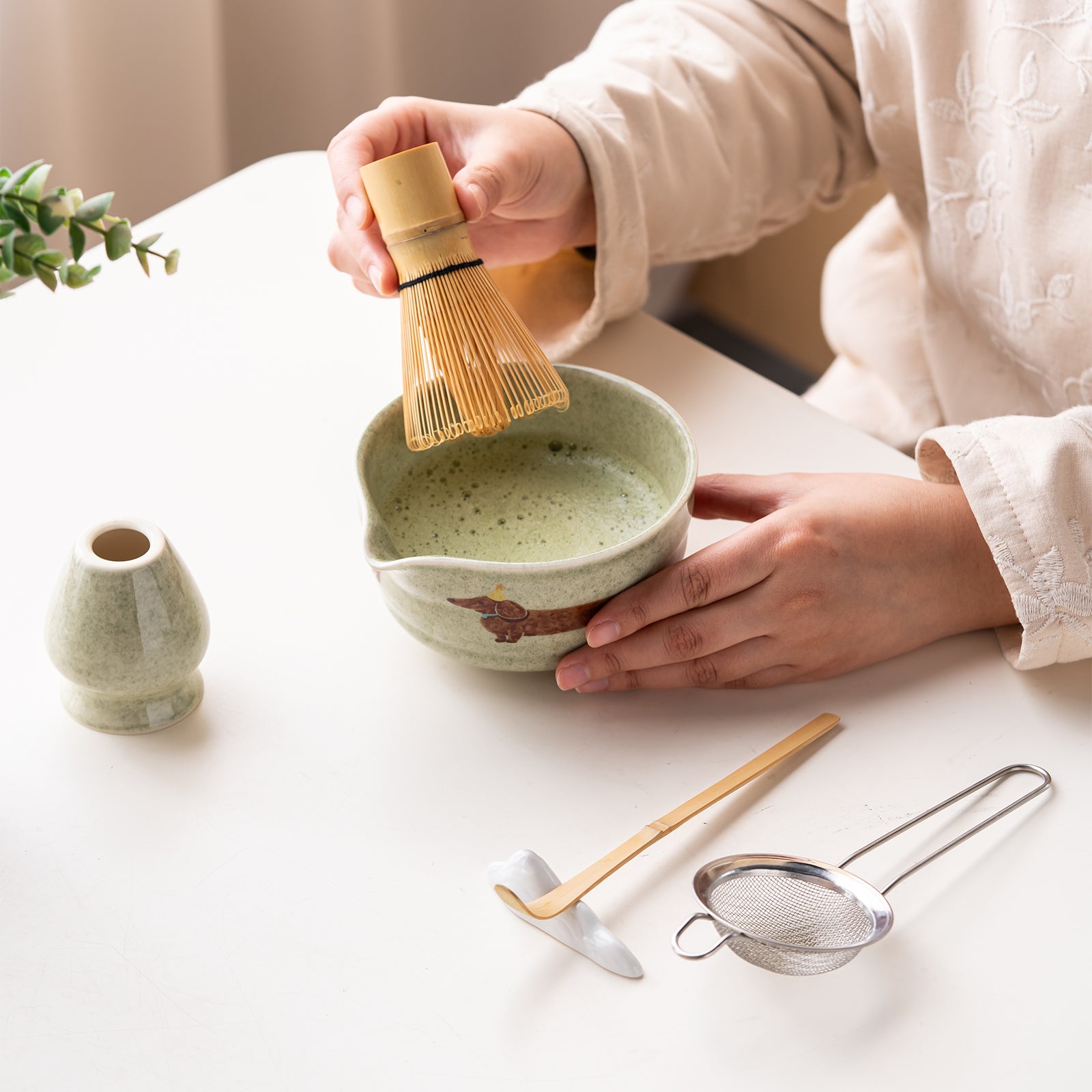 Matcha Bowl Set Dachshund Green Japanese Matcha Kit with Bamboo Whisk Strainer and Scoop Gift for Dog Lovers