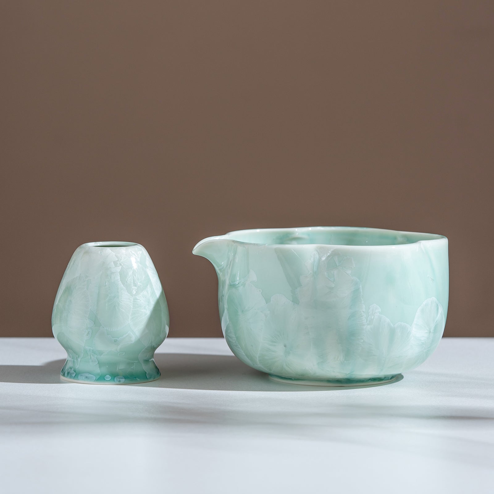 Green Petal Edge Crystalline Glaze Matcha Set with Bamboo Whisk