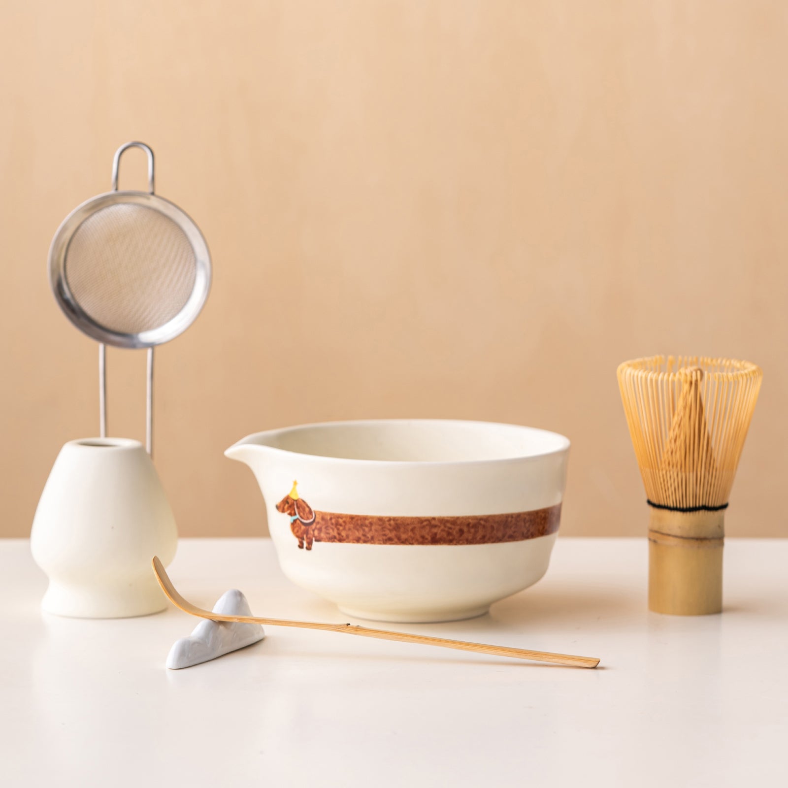 Matcha Bowl Set Dachshund Japanese Tea Set with Whisk Strainer and Scoop Gift for Dog and Tea Lovers