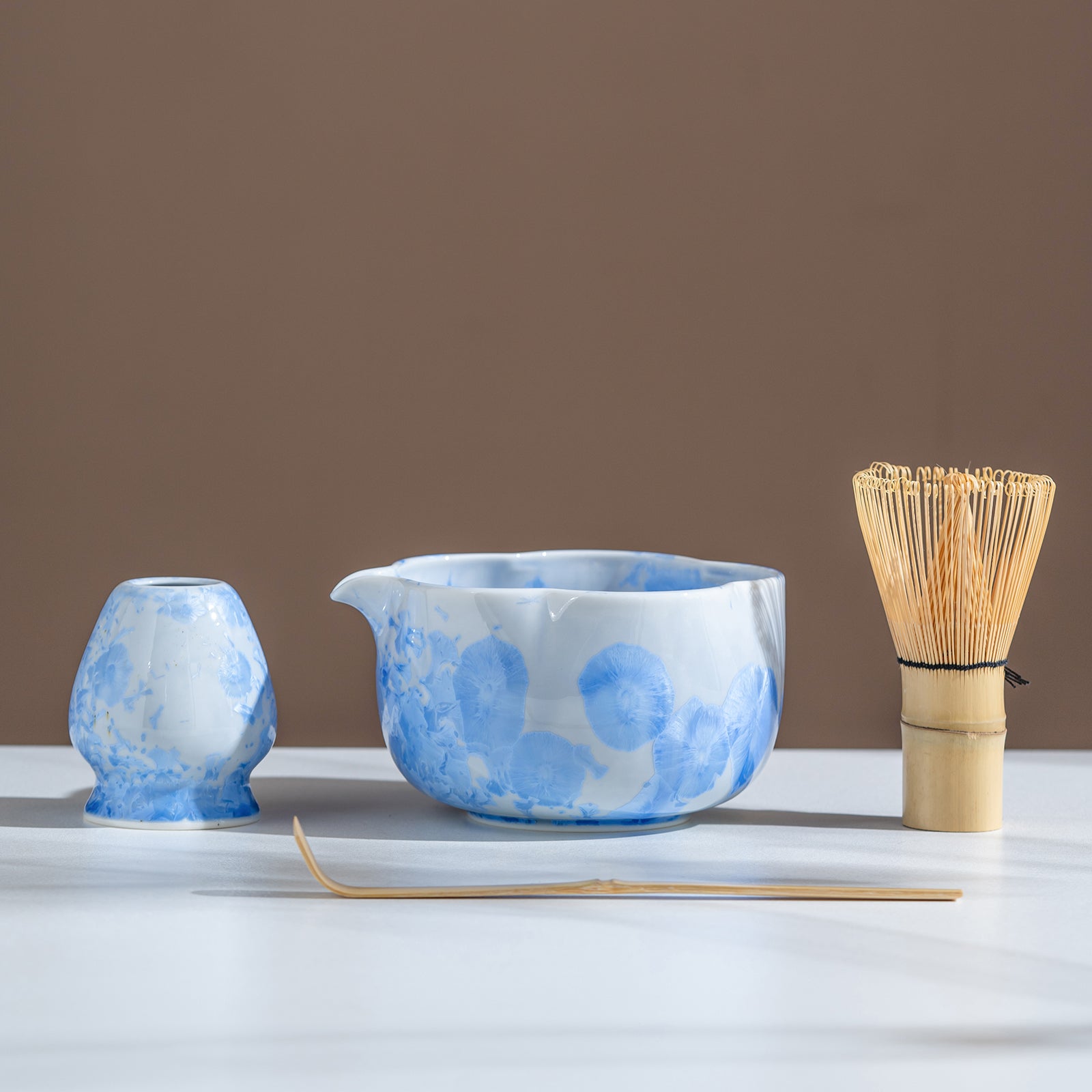 Crystalline Glaze Blue Ceramic Matcha Set with Bamboo Whisk & Sieve