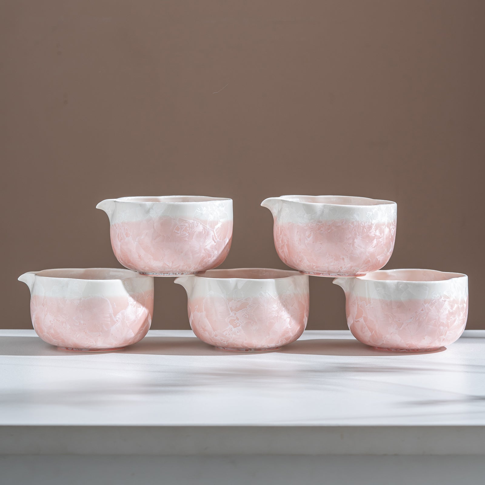 Pink Petal Edge Crystalline Glaze Matcha Bowl Set with Bamboo Whisk