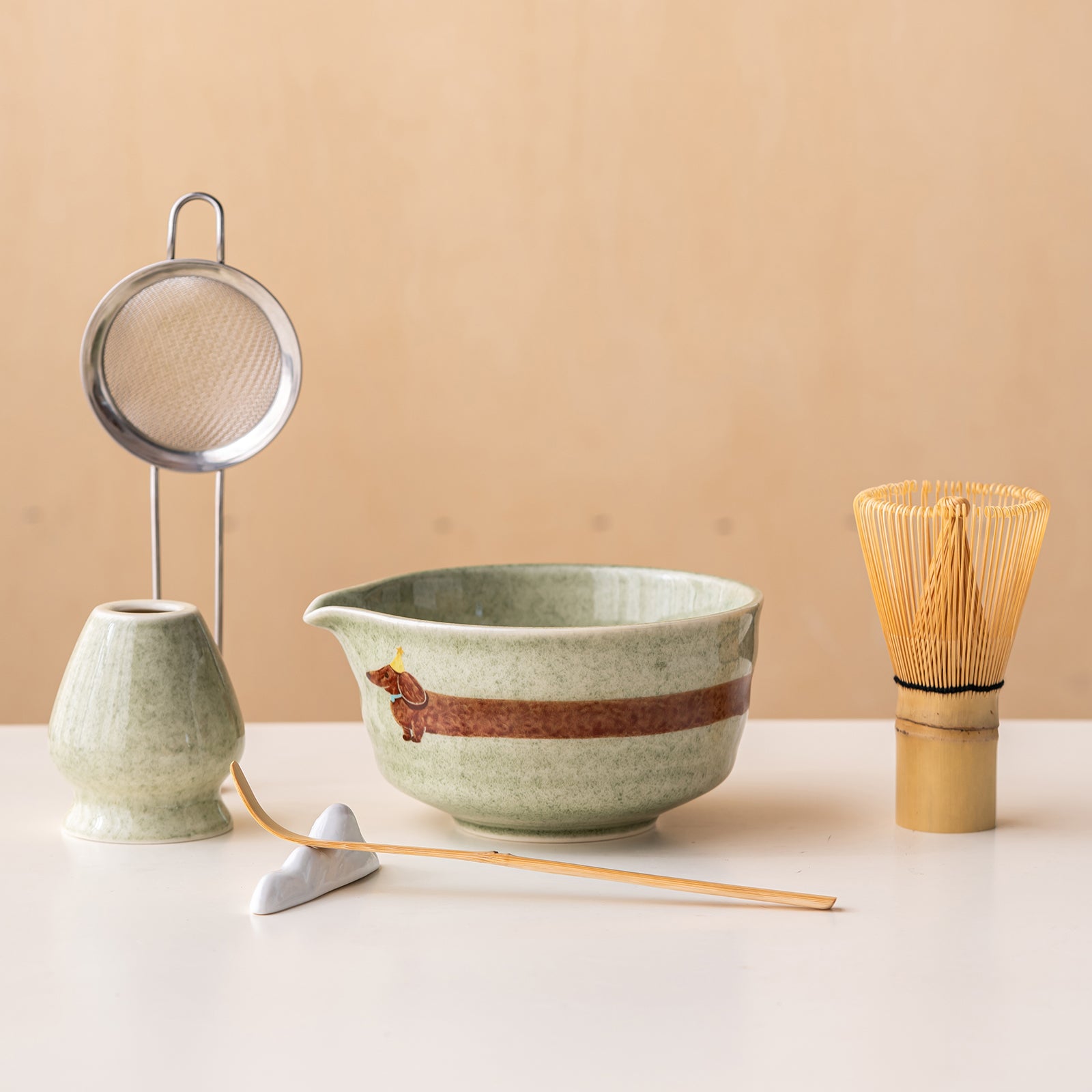 Matcha Bowl Set Dachshund Green Japanese Matcha Kit with Bamboo Whisk Strainer and Scoop Gift for Dog Lovers