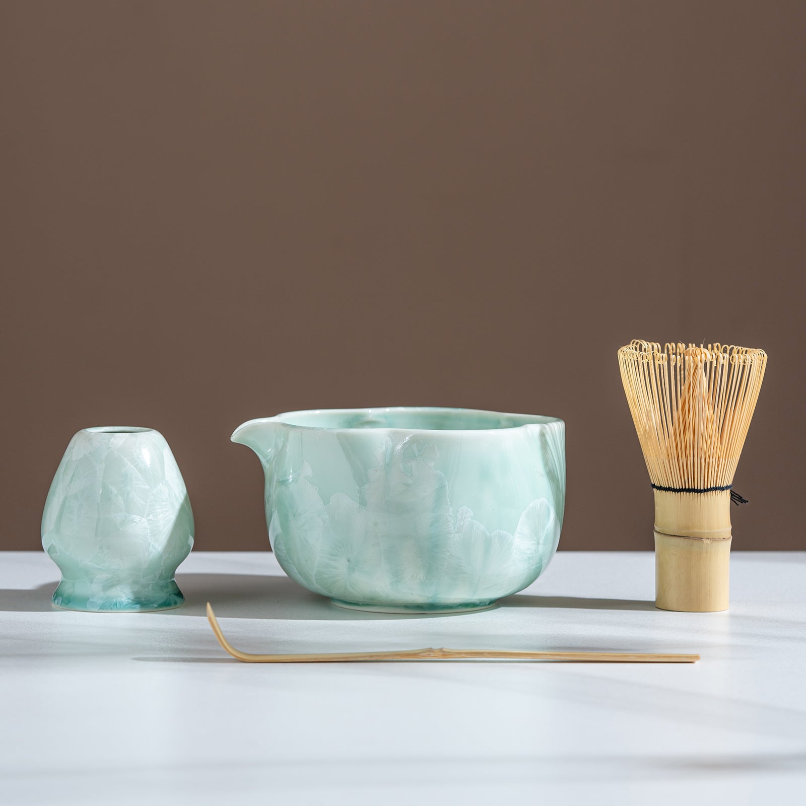 Green Petal Edge Crystalline Glaze Matcha Set with Bamboo Whisk