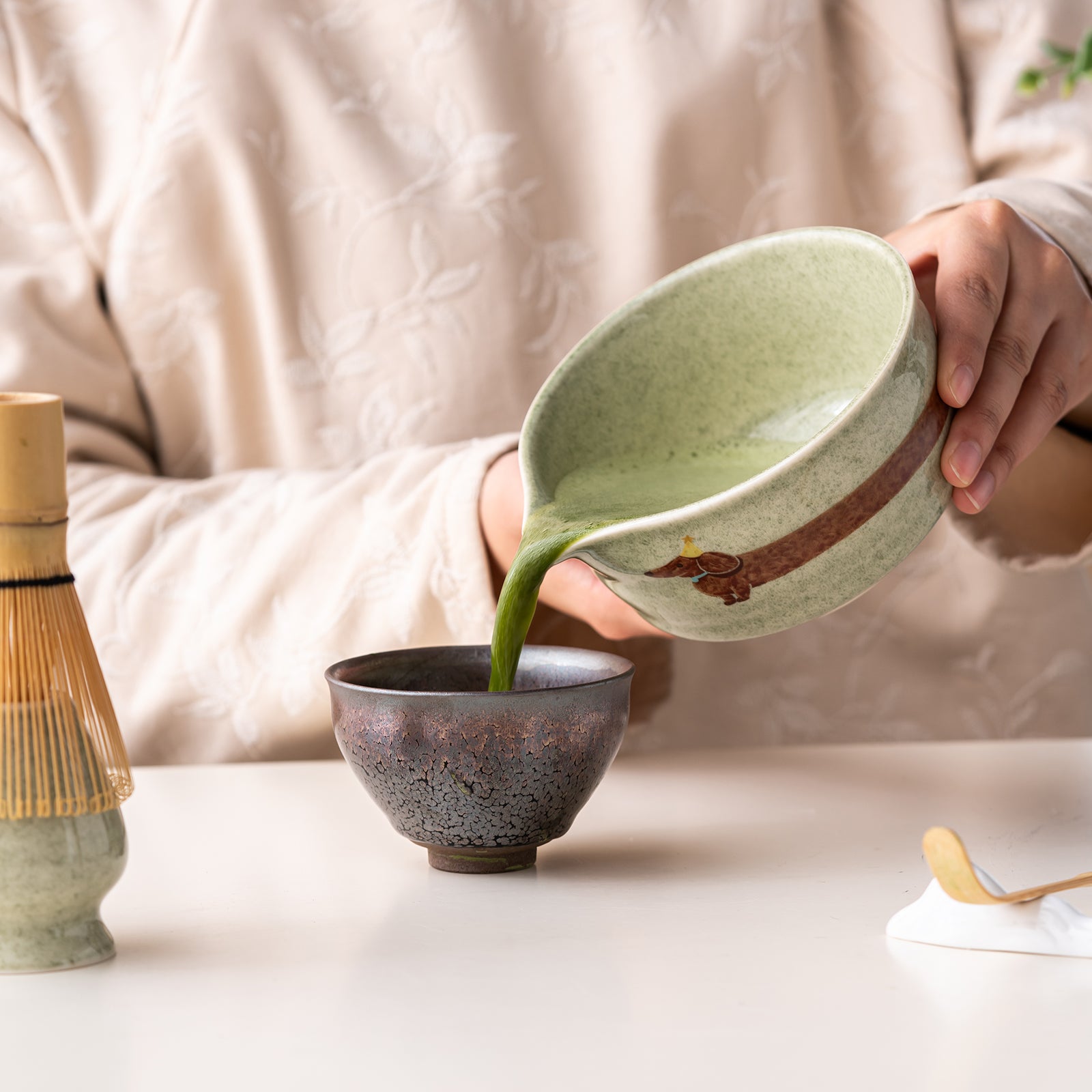 Matcha Bowl Set Dachshund Green Japanese Matcha Kit with Bamboo Whisk Strainer and Scoop Gift for Dog Lovers