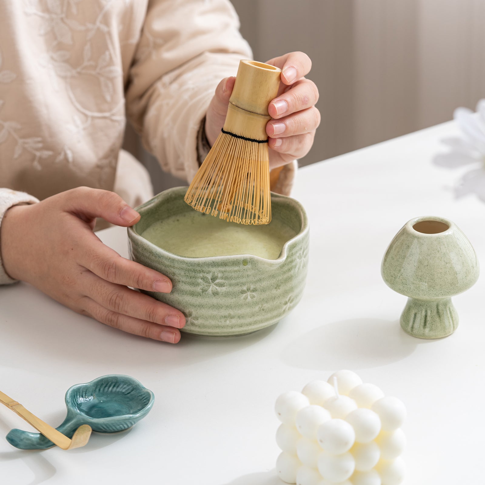 Matcha Set Green Ceramic Matcha Bowl Whisk Strainer Spoon