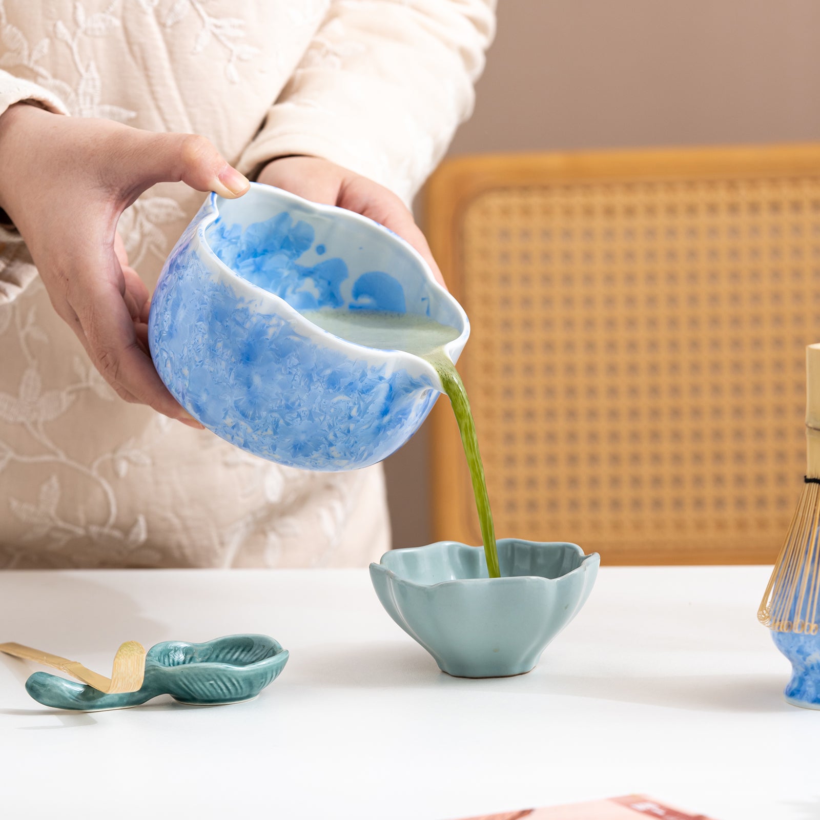 Crystalline Glaze Blue Ceramic Matcha Set with Bamboo Whisk & Sieve