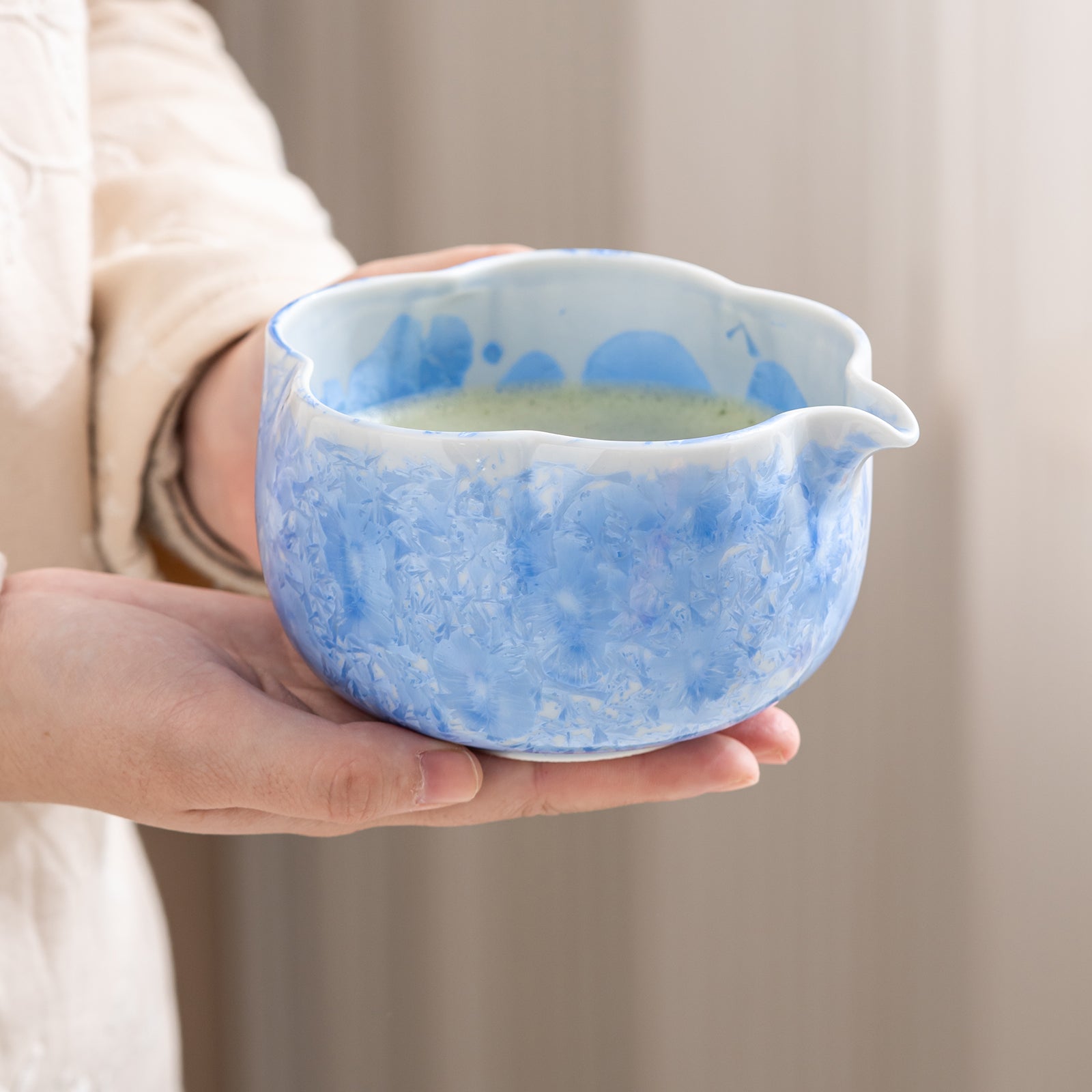 Crystalline Glaze Blue Ceramic Matcha Set with Bamboo Whisk & Sieve