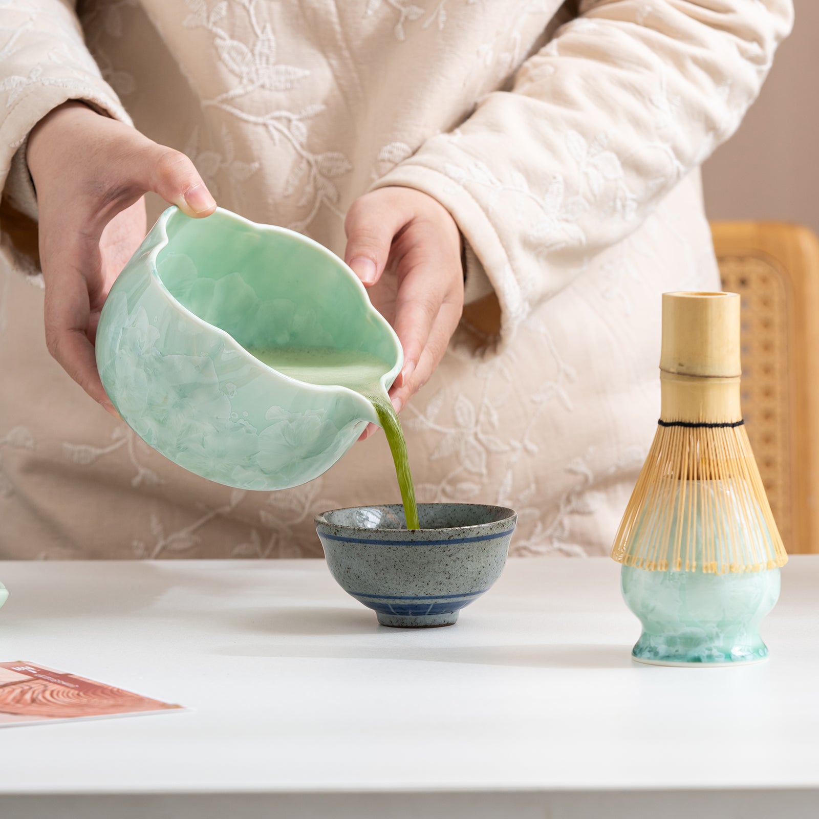 Green Petal Edge Crystalline Glaze Matcha Set with Bamboo Whisk