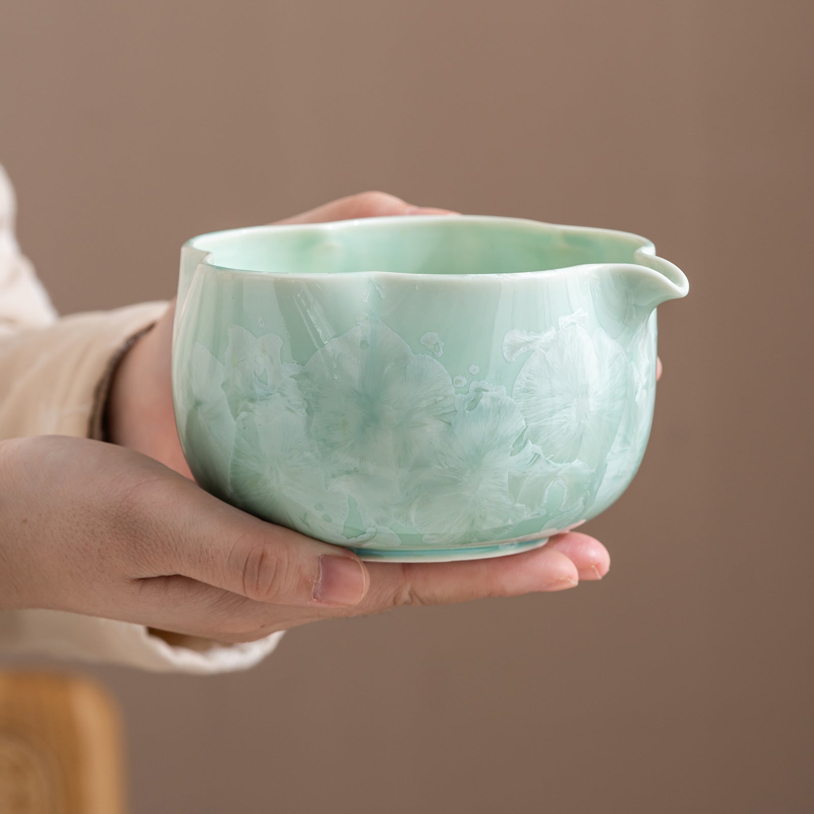 Green Petal Edge Crystalline Glaze Matcha Set with Bamboo Whisk