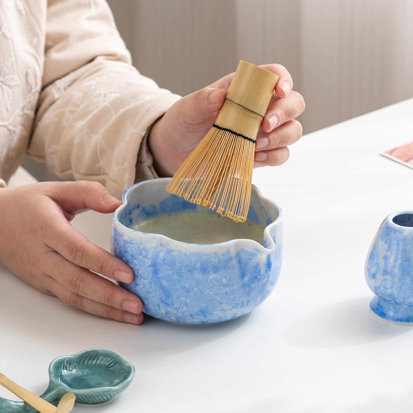 Crystalline Glaze Blue Ceramic Matcha Set with Bamboo Whisk & Sieve