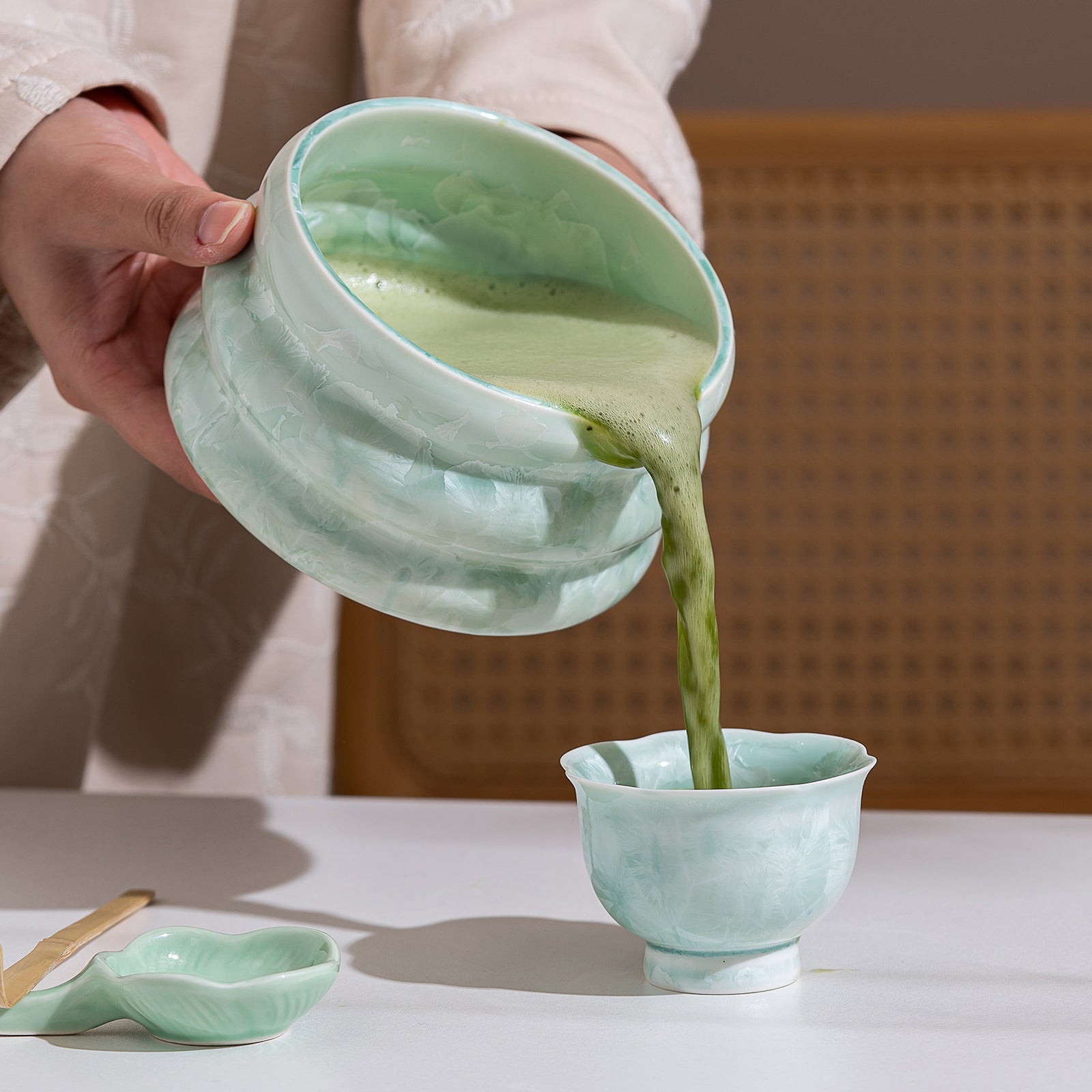 Green Crystalline Glaze Matcha Bowl Set with Whisk Strainer