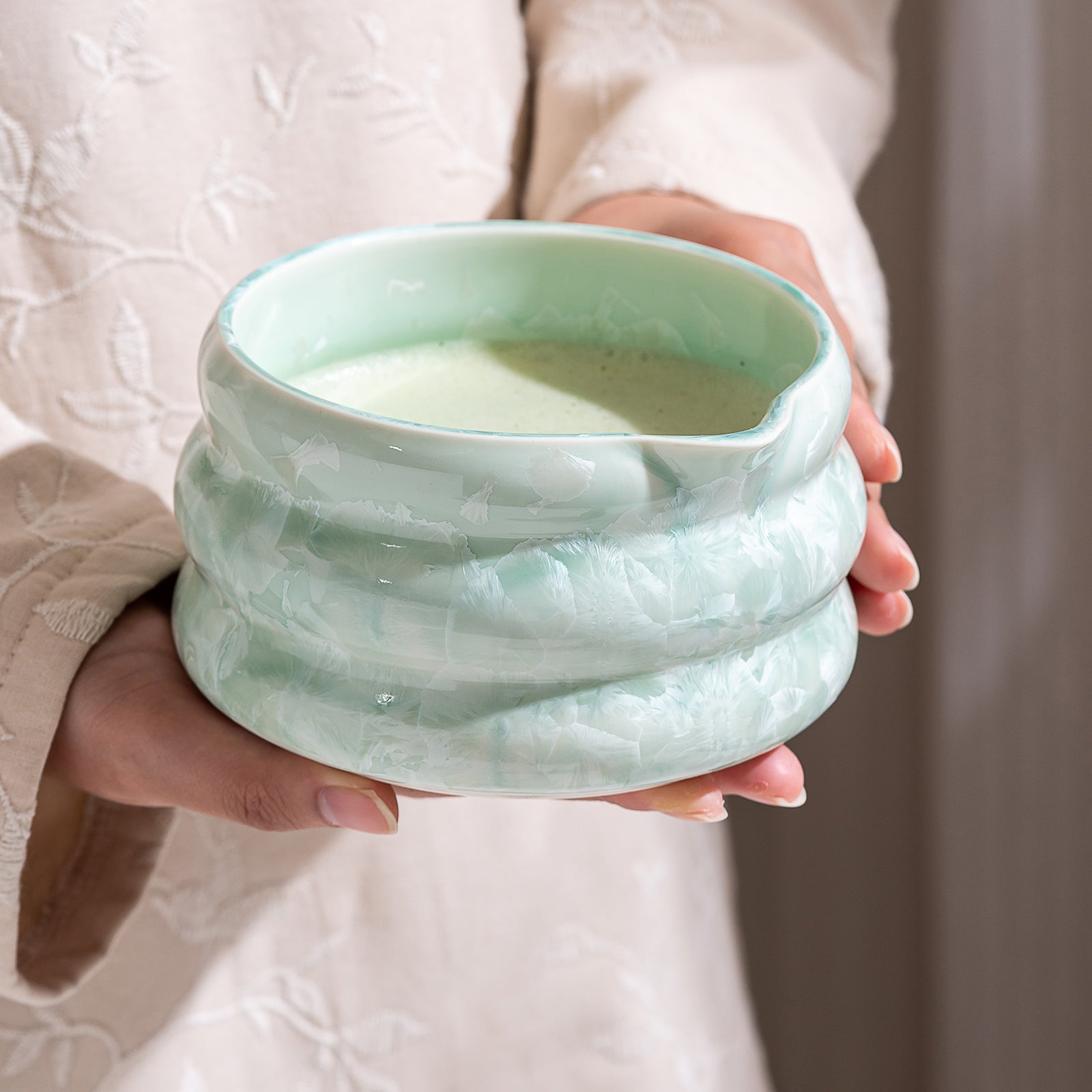 Green Crystalline Glaze Matcha Bowl Set with Whisk Strainer